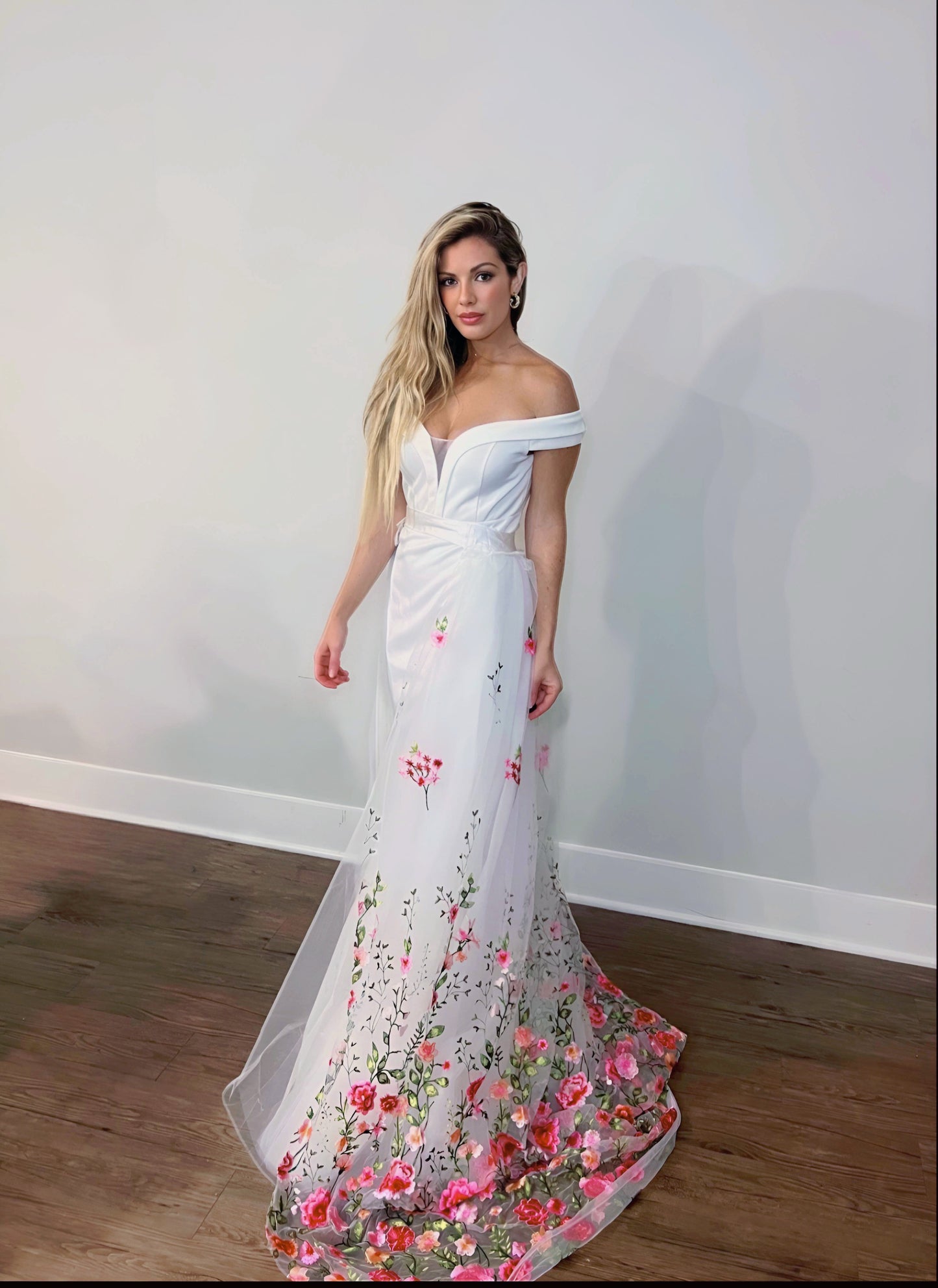 Pink Floral Embroidery Wedding Train Bridal Overskirt