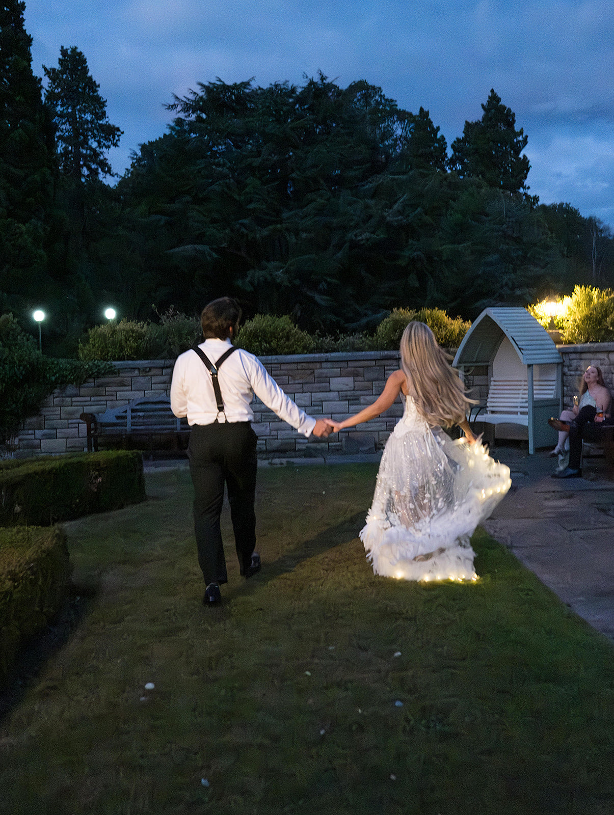 Light up detachable wedding train with feather trim