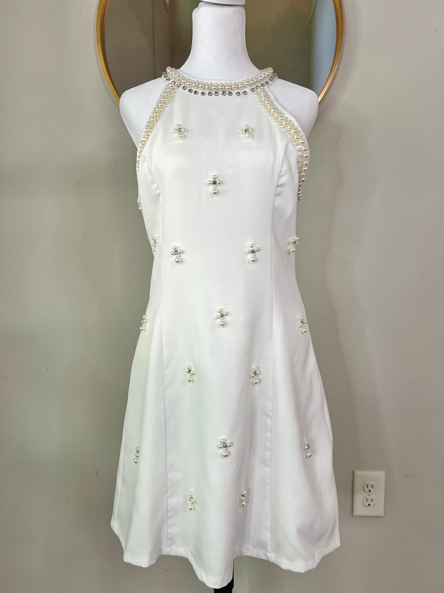 Pearl Beaded Trim High Neck Embellished Mini Bridal Dress