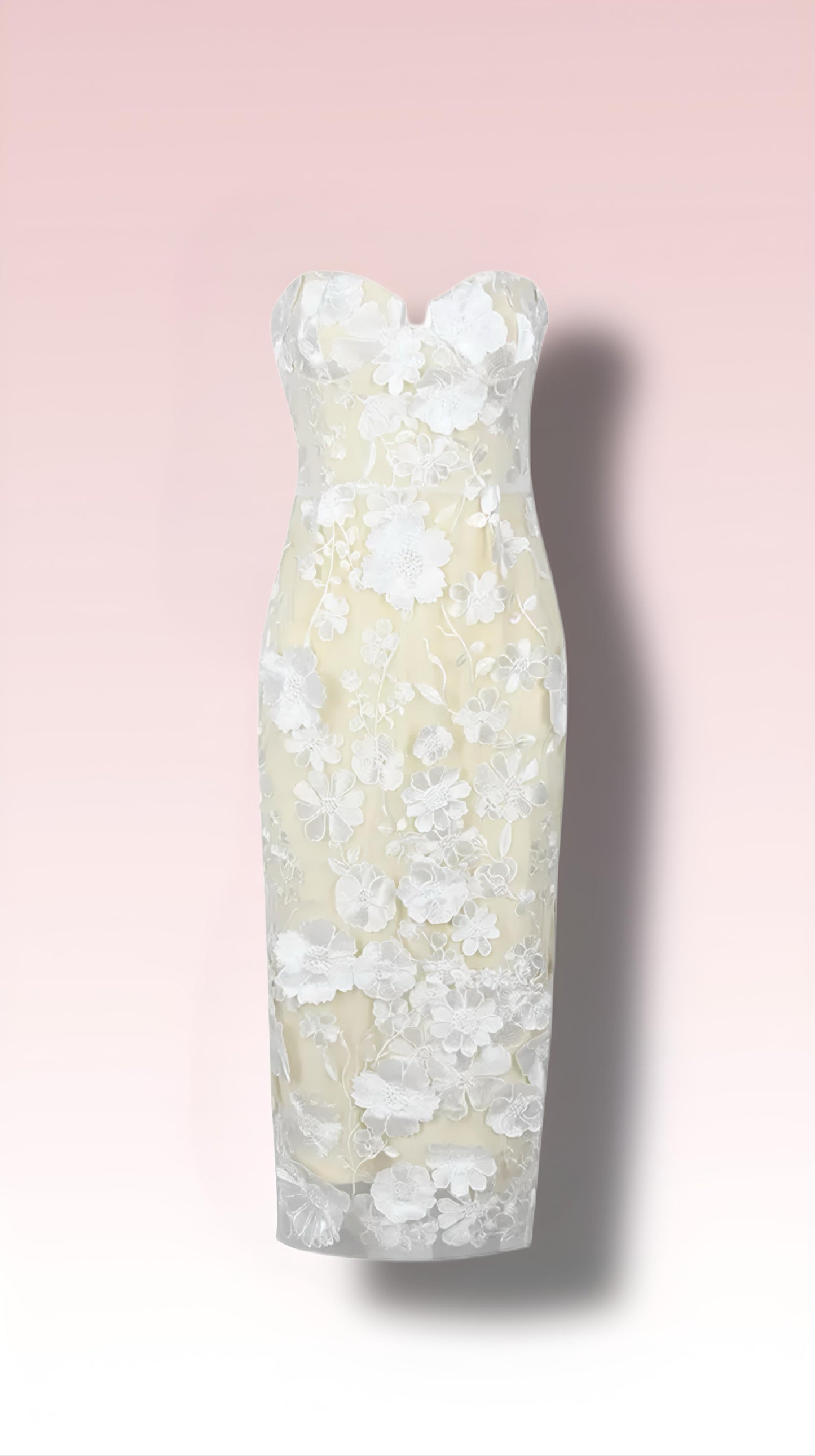 Elegant Sheer Illusion Midi White 3D Embroidered Flowers Cocktail Bridal Shower Dress