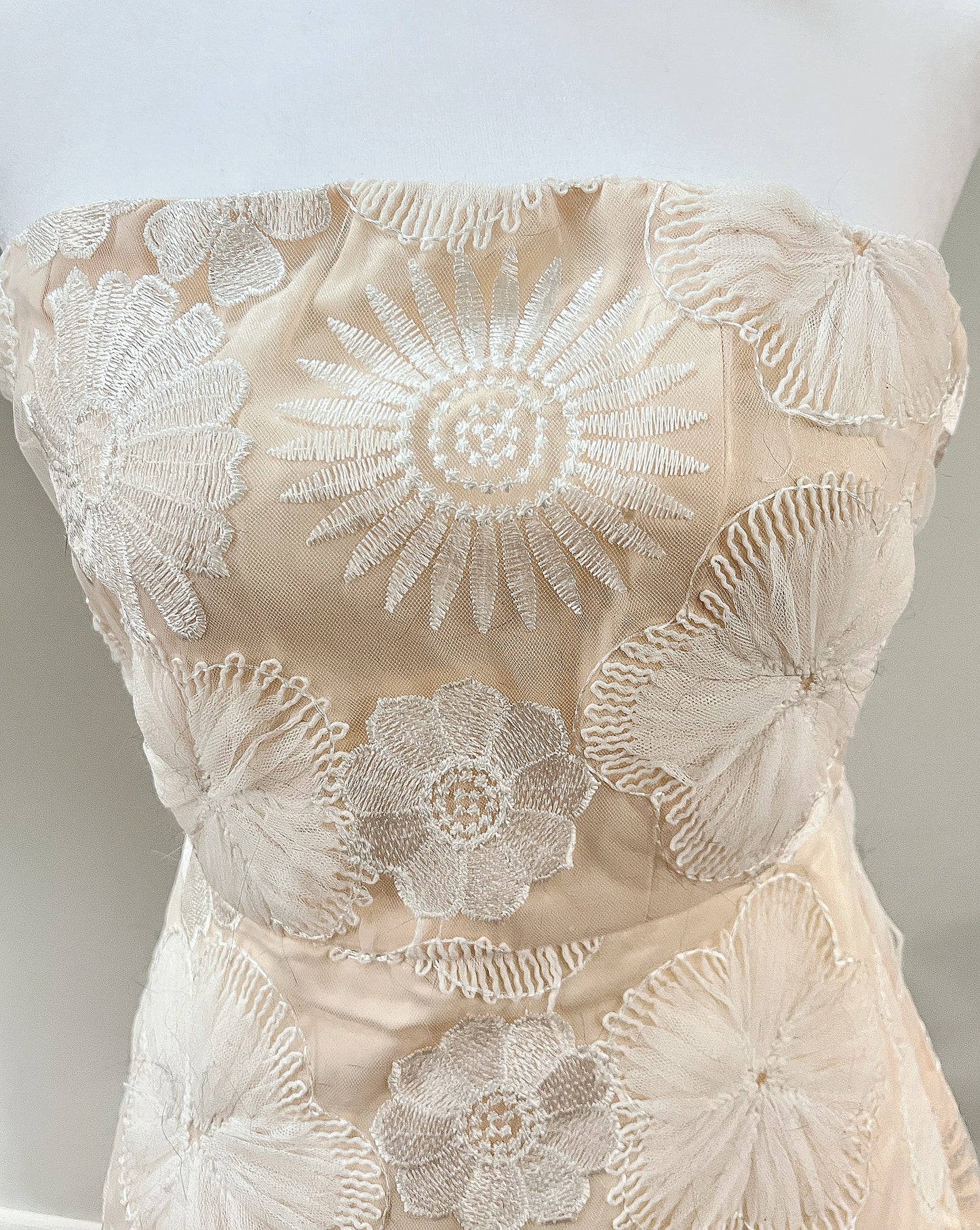 White and Peach Flower Embroidery Strapless Mini