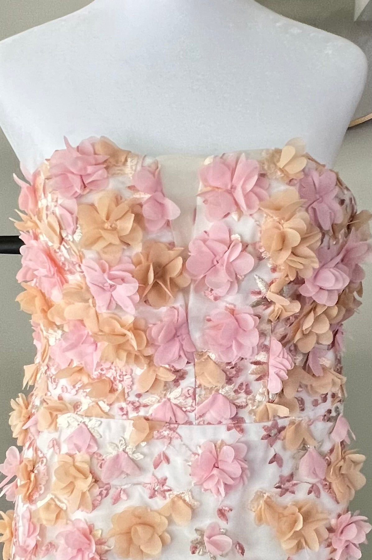 Peach & Pink Floral Appliqués Strapless Bridal Mini Dress