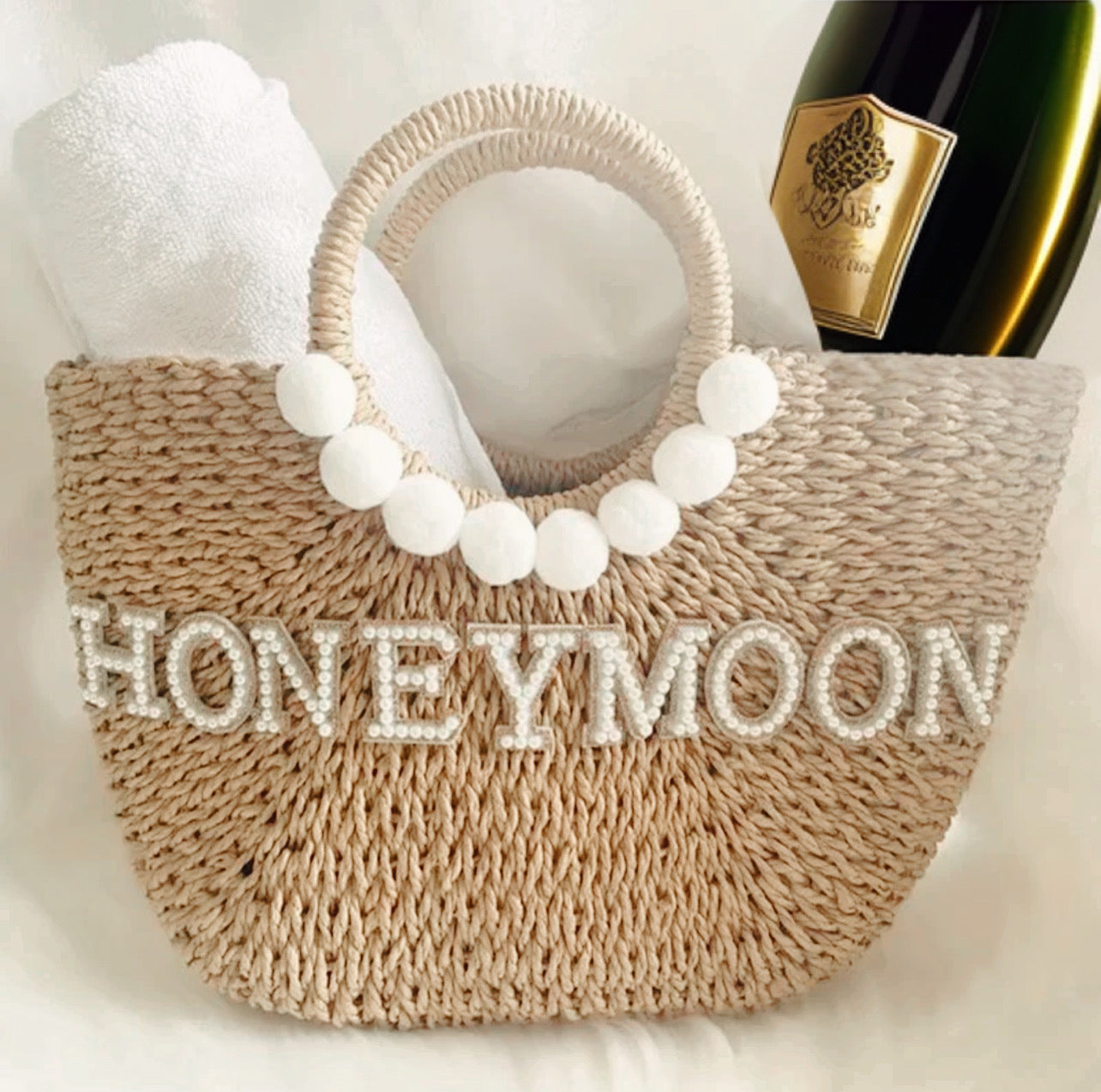 Honeymoon bridal bag, beach wedding bag, beautiful bridal purse, straw beach bag