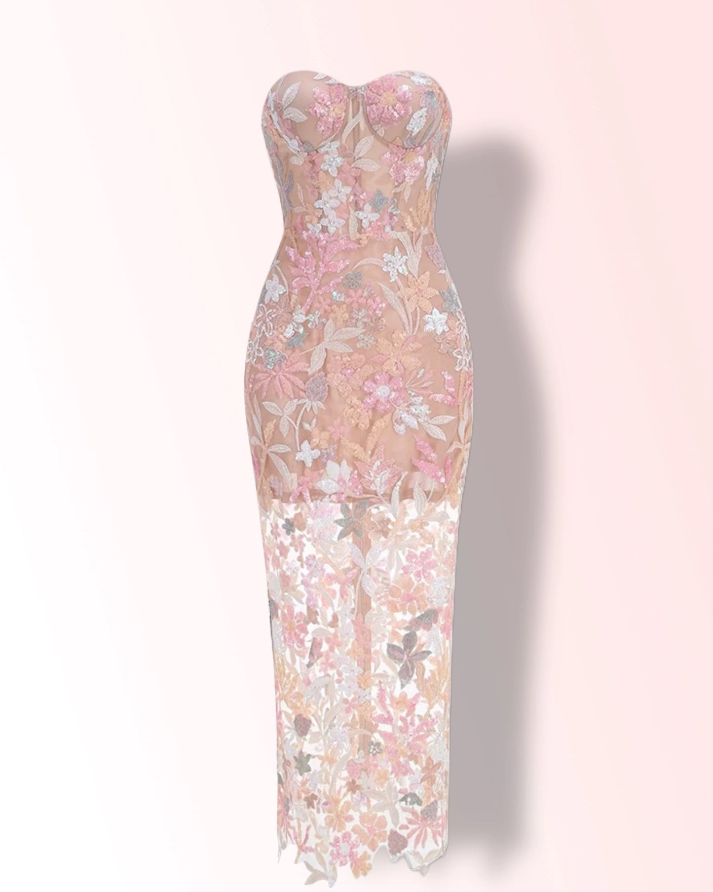 Light Pink Sequin Embroidery Midi Cocktail Dress