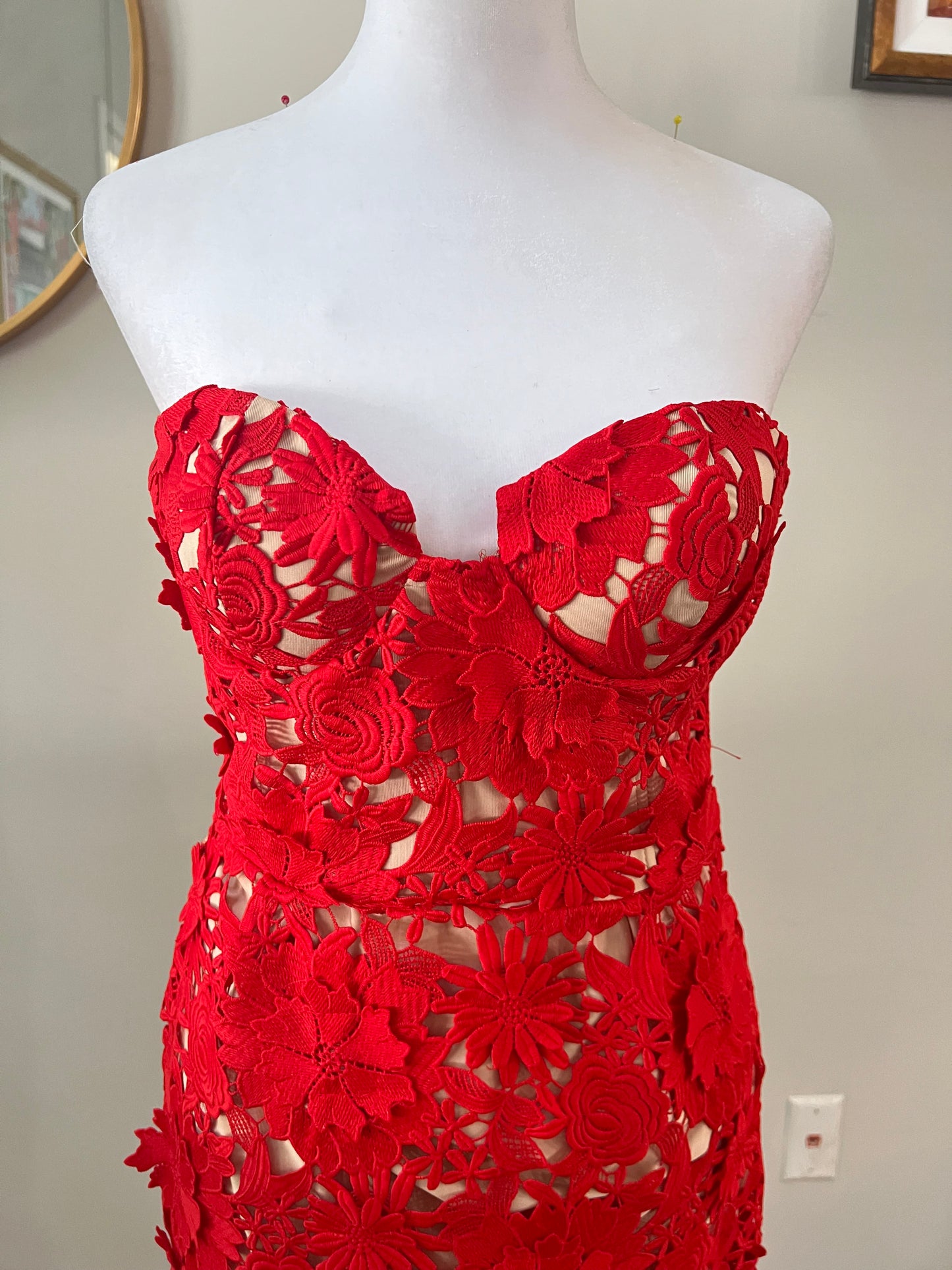 Red Flower Lace Midi Formal Dress