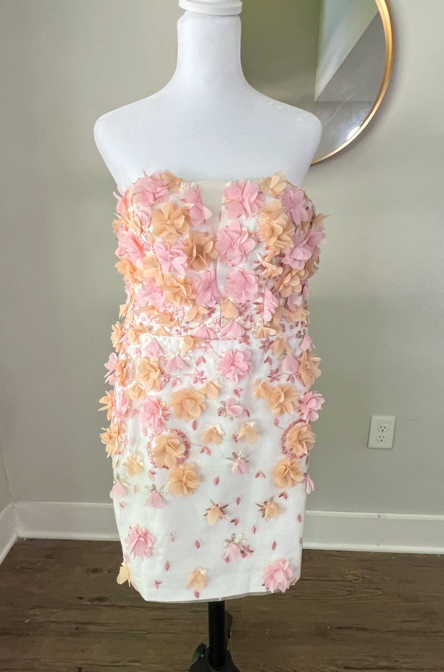 Peach & Pink Floral Appliqués Strapless Bridal Mini Dress