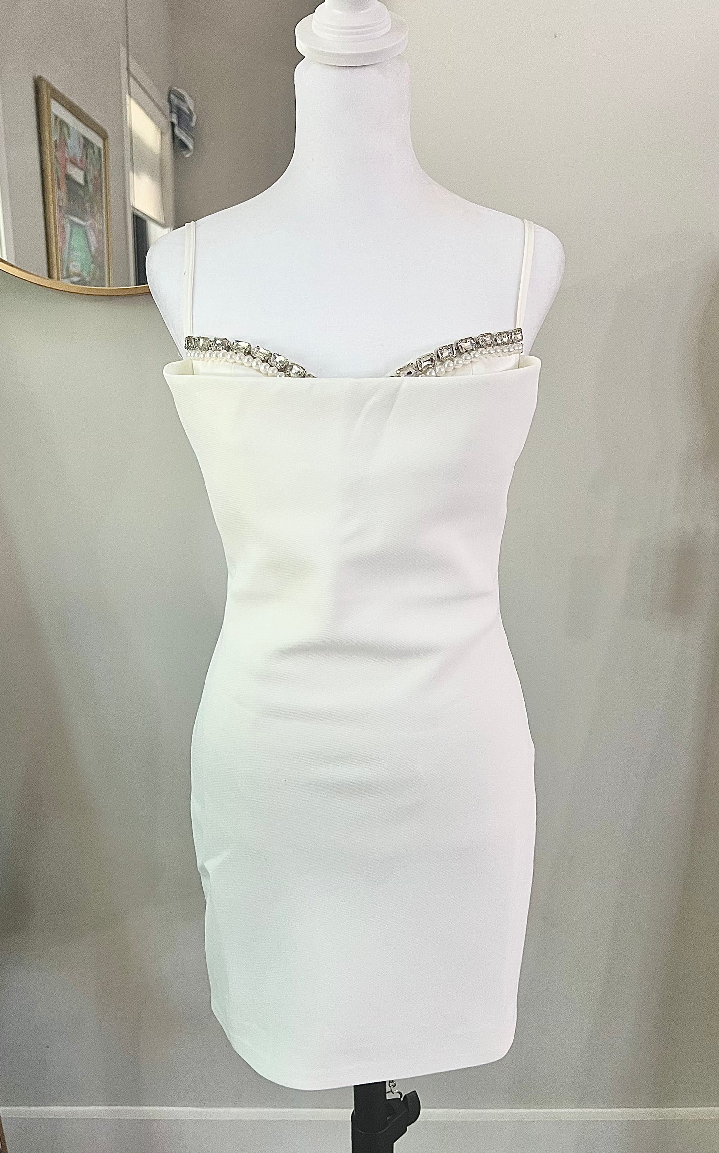 Peekaboo Pearl & Crystal Studded White Mini Bridal Dress