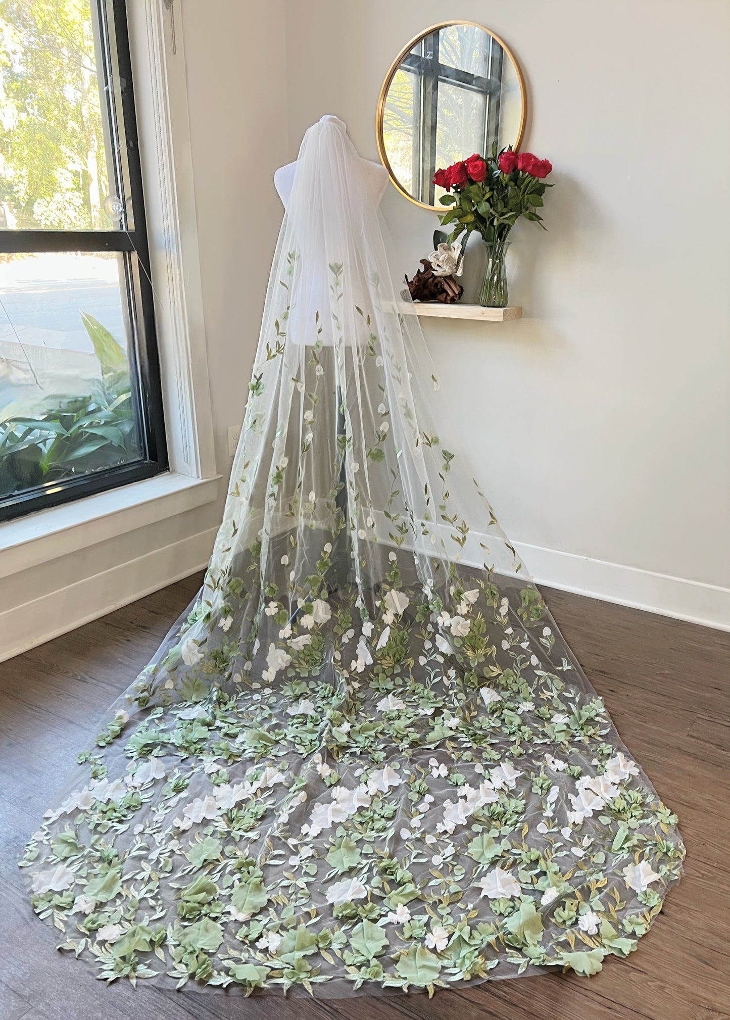 3D Green and White Flowers Garden Party Wedding Veil