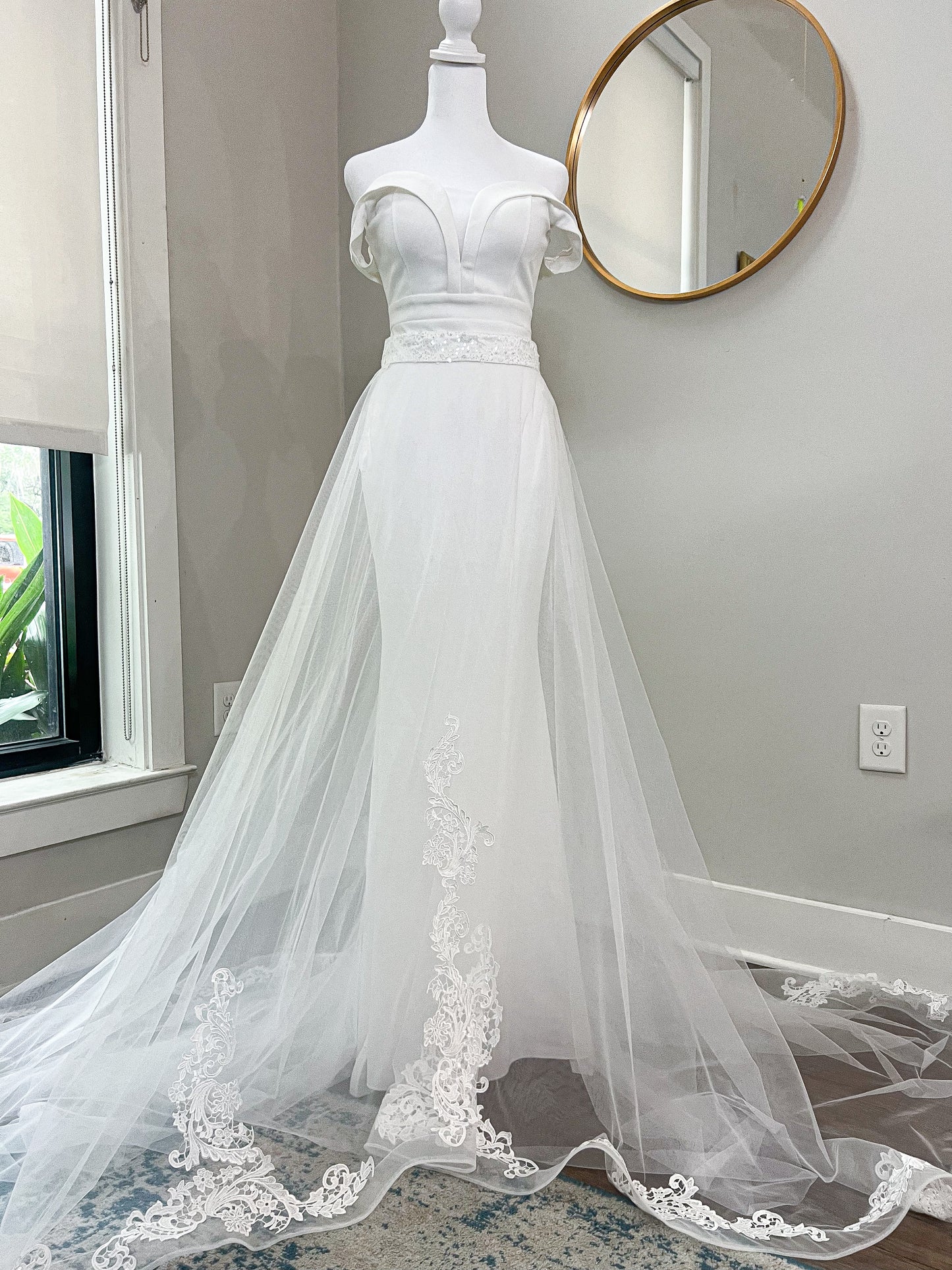 High Waist Embroidered Trim Full Bridal Overskirt with Long Train (2 layers of Tulle)