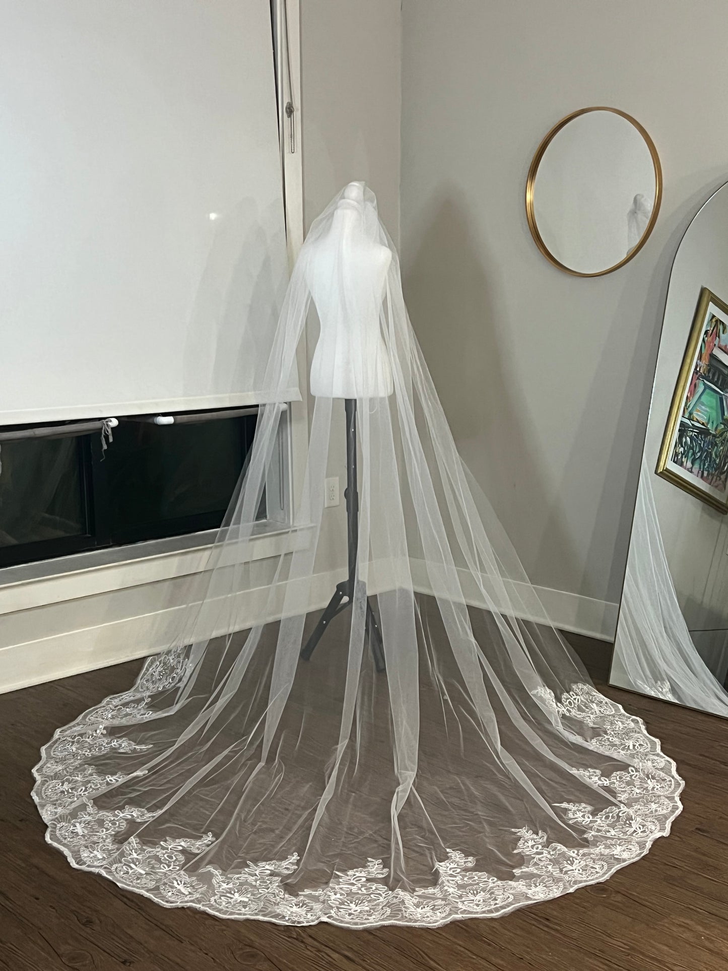 Regal Cathedral Length Bridal Veil with Lace Embroidered Trim and Sequin Appliqués