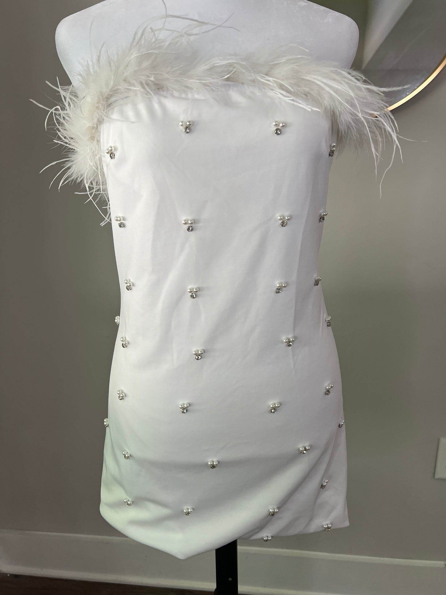 Strapless Fur & Crystal Embellished Bridal Mini Dress