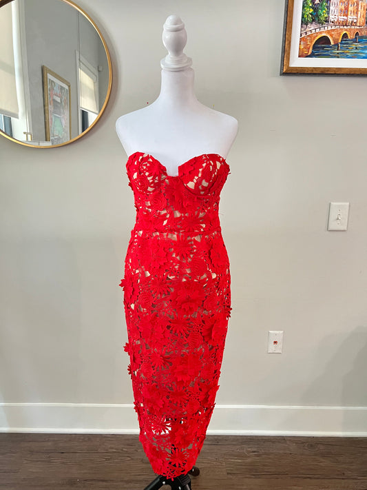 Red Flower Lace Midi Formal Dress