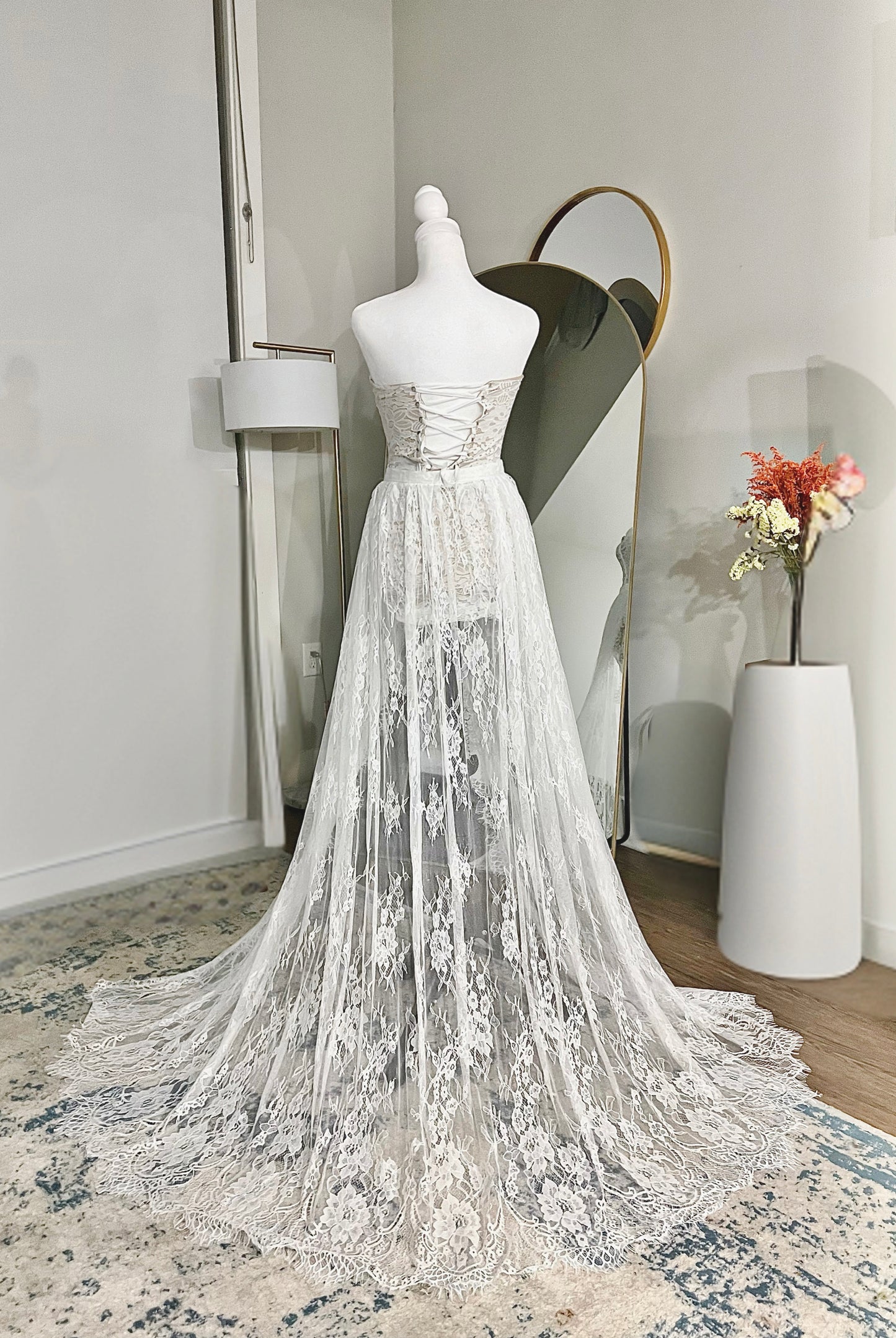 Bohemian One Layer Eyelet Chantilly Embroidered Lace Detachable Wedding Skirt, Unique Wedding Train