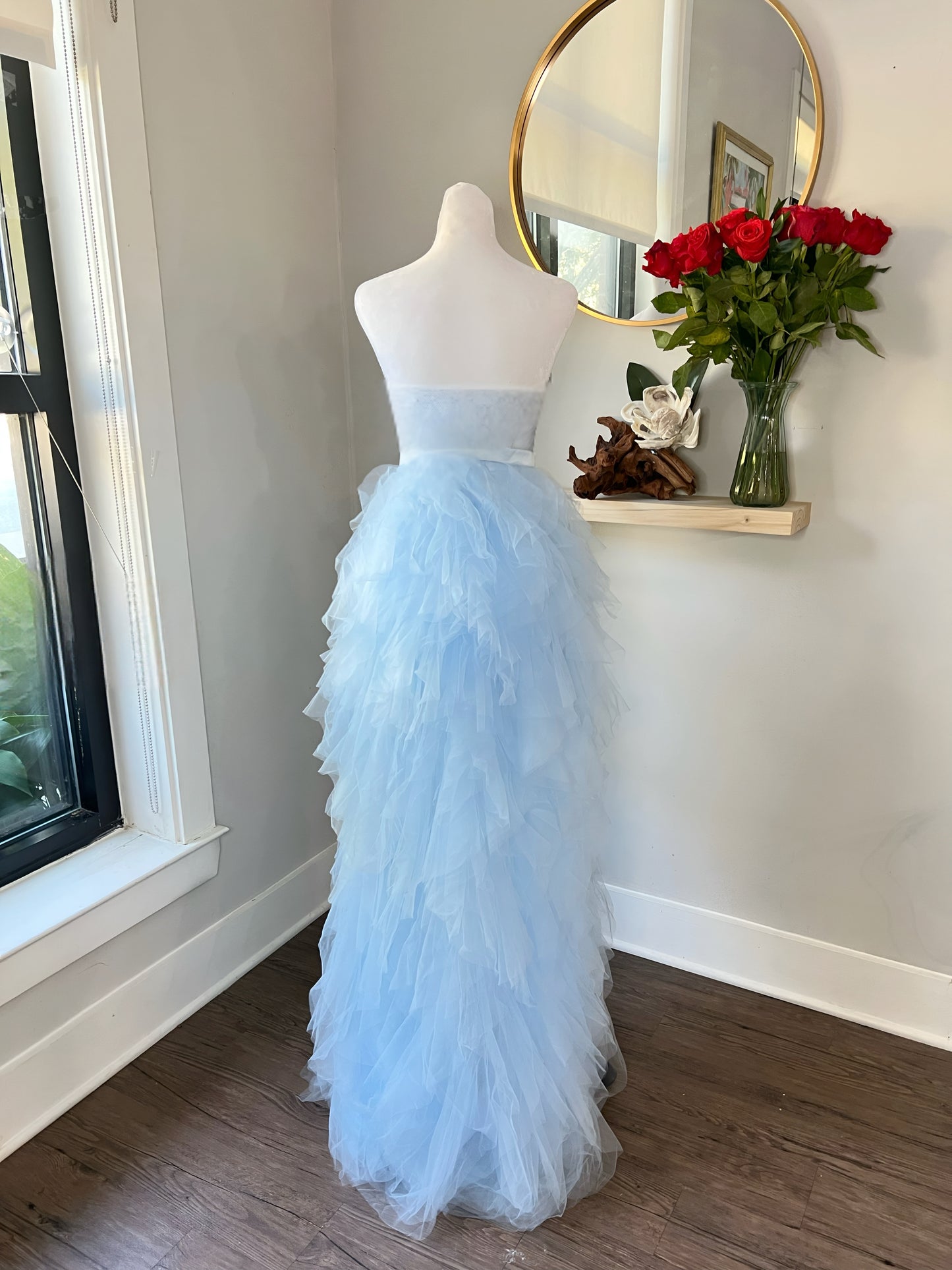 Elegant Light Blue Tulle Wedding Guest Dress with Corset Bodice