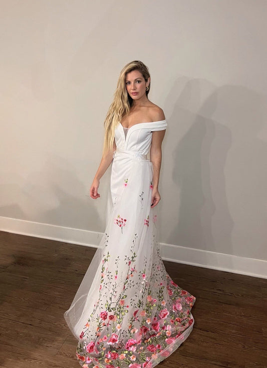 Pink Floral Embroidery Wedding Train Bridal Overskirt