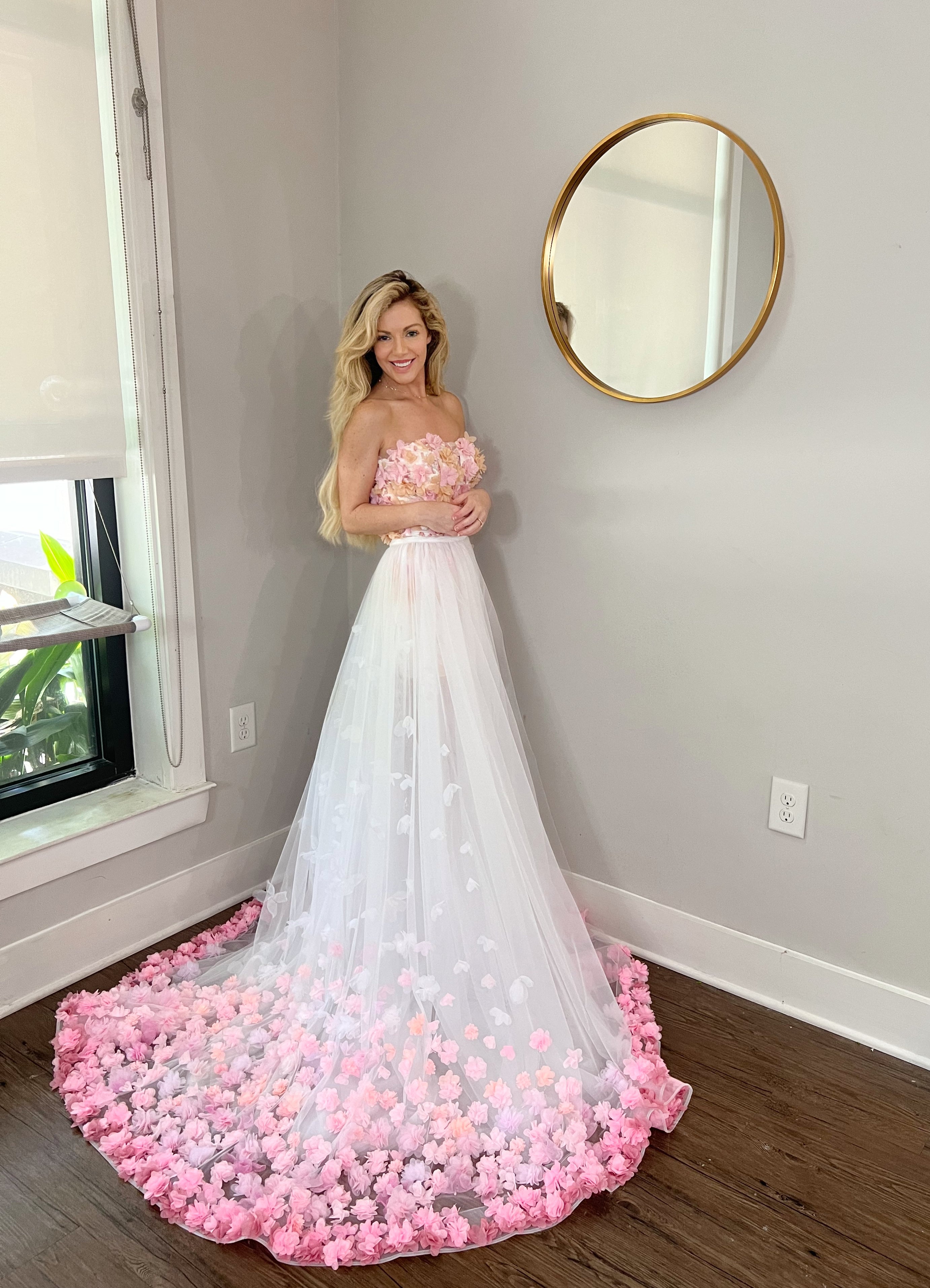 Pink flower wedding dress hotsell