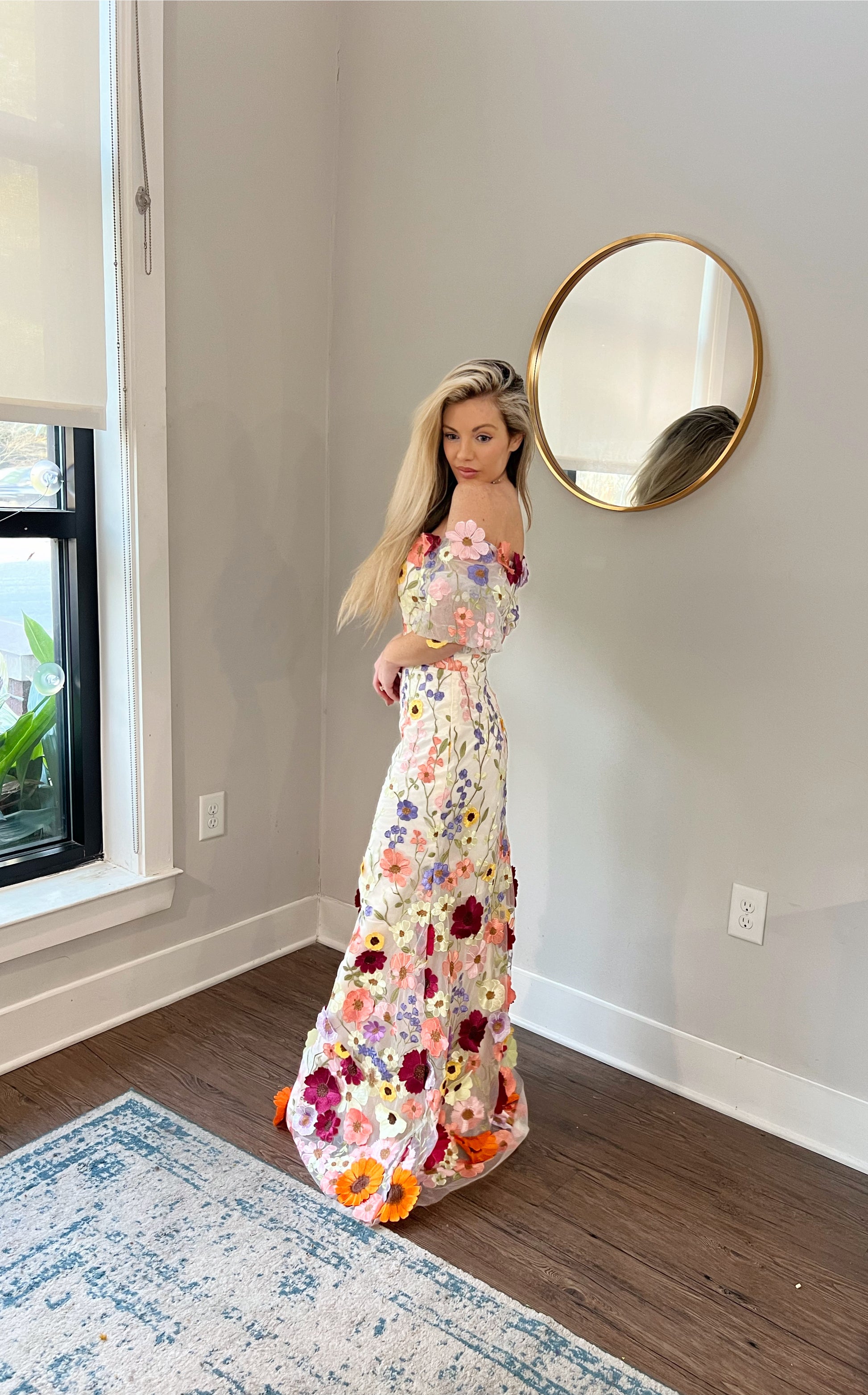 Off the Shoulder Long Party Evening Gown with 3D flowers, Fun Trending Spring Wedding Guest Looks