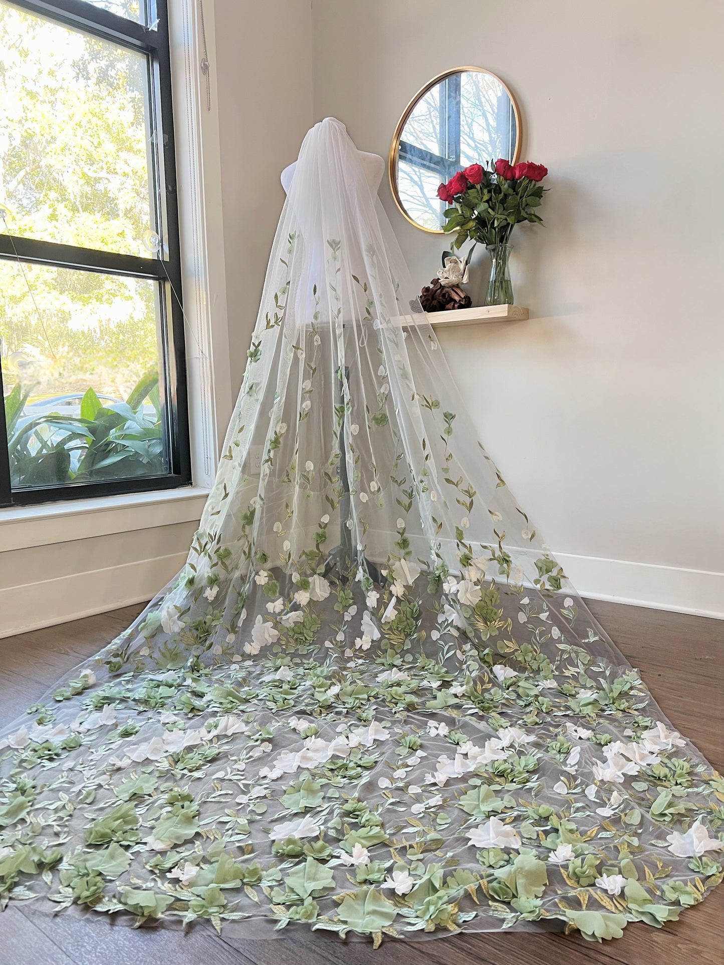 3D Green and White Flowers Garden Party Wedding Veil