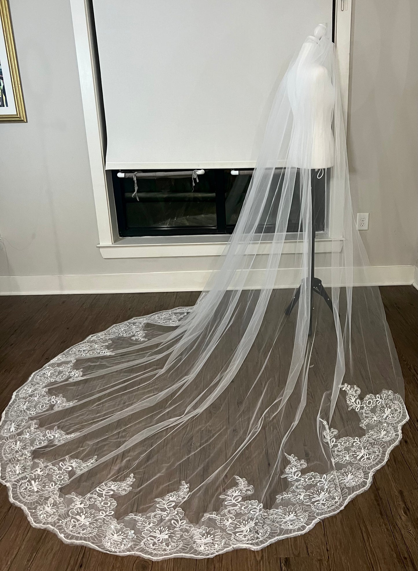 Regal Cathedral Length Bridal Veil with Lace Embroidered Trim and Sequin Appliqués