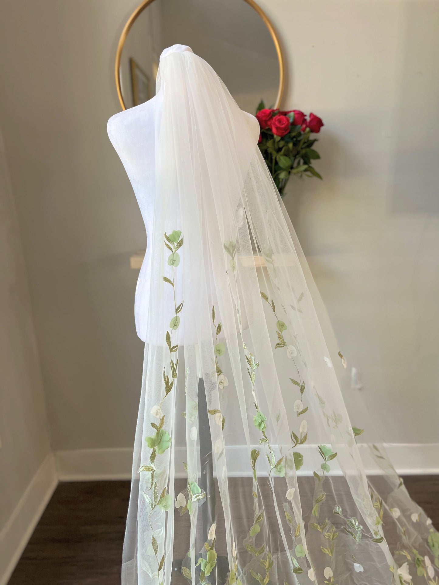 3D Green and White Flowers Garden Party Wedding Veil