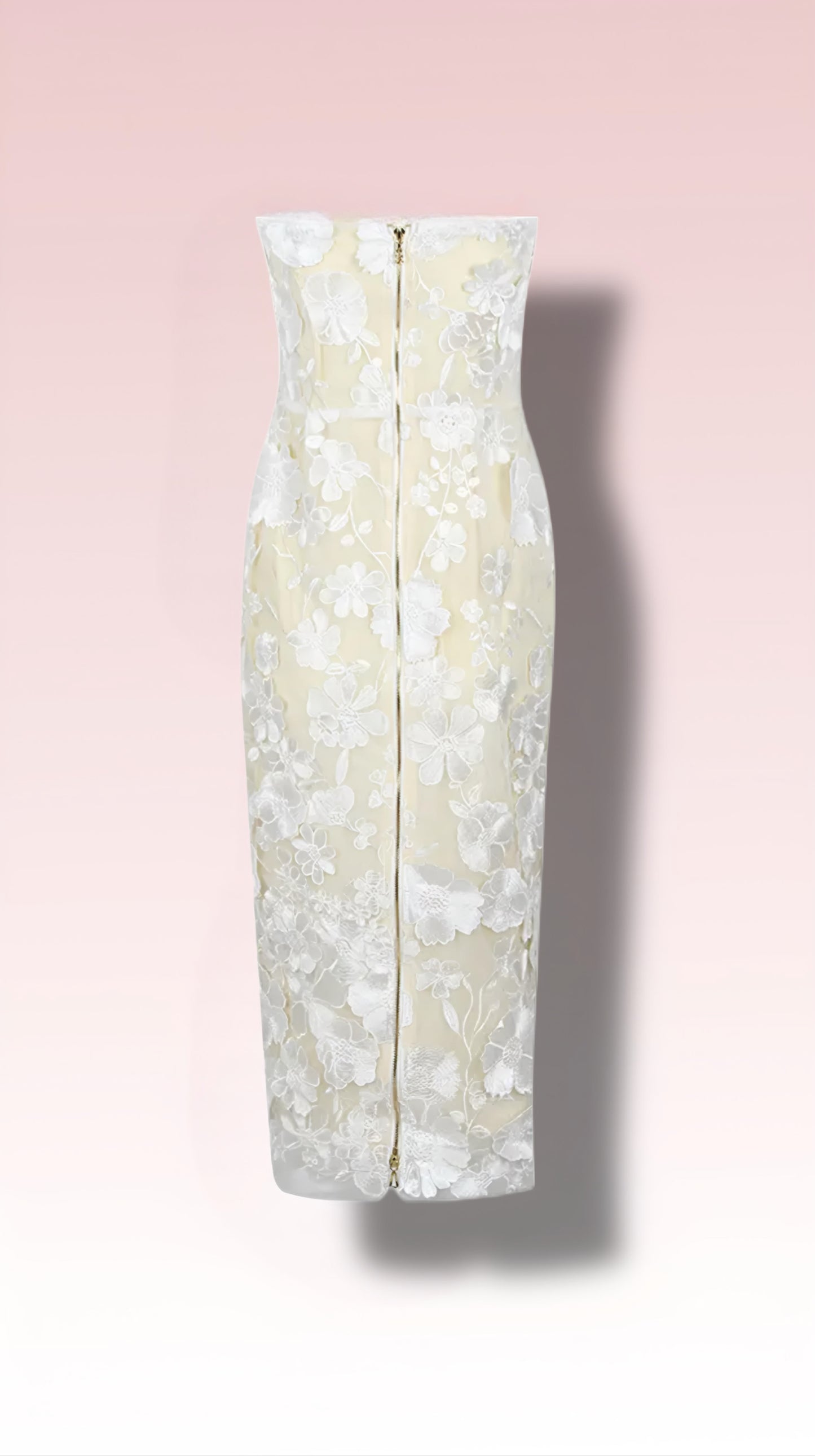 Elegant Sheer Illusion Midi White 3D Embroidered Flowers Cocktail Bridal Shower Dress