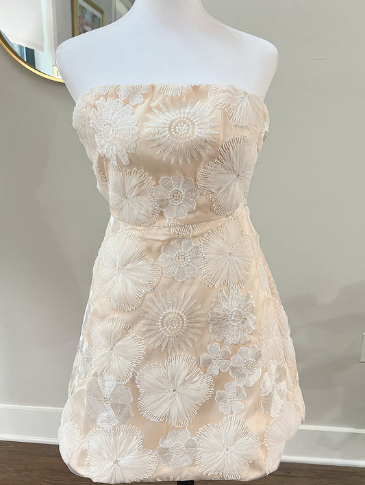 White and Peach Flower Embroidery Strapless Mini