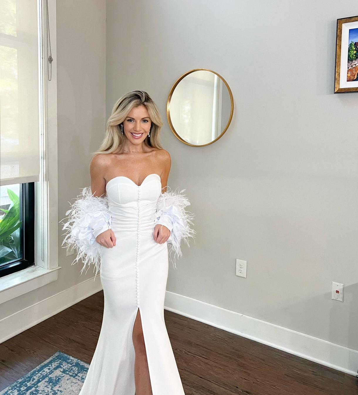 Luxurious Off-Shoulder Cathedral Length Wedding Jacket: Ostrich Feathers & Pearl Sleeves