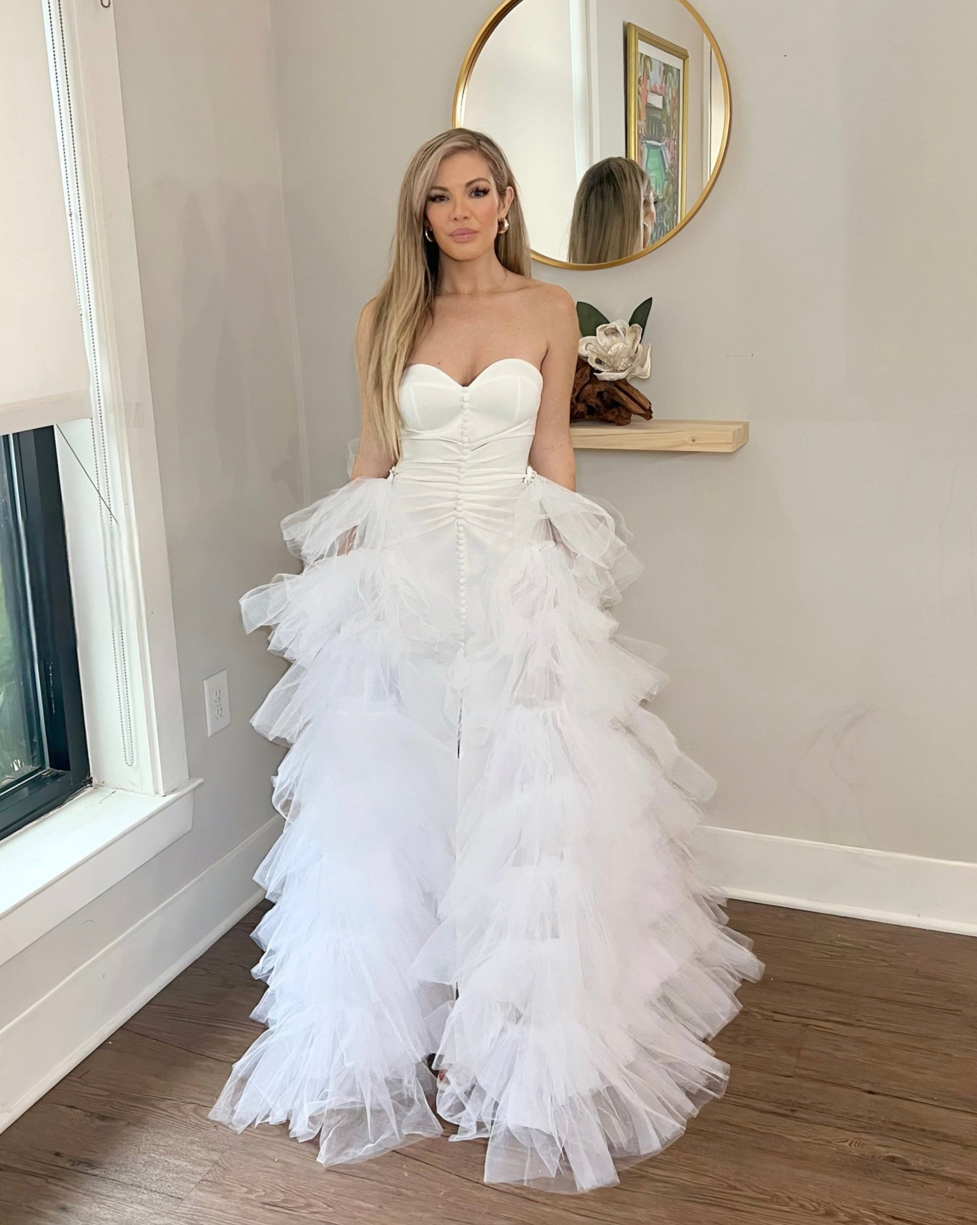 Detachable Ruffle Tulle Wedding Train | Bridal Overskirt for Dramatic Elegance - S / White Detachable Ruffle Tulle Wedding Train | Bridal Overskirt for Dramatic Elegance - S / White