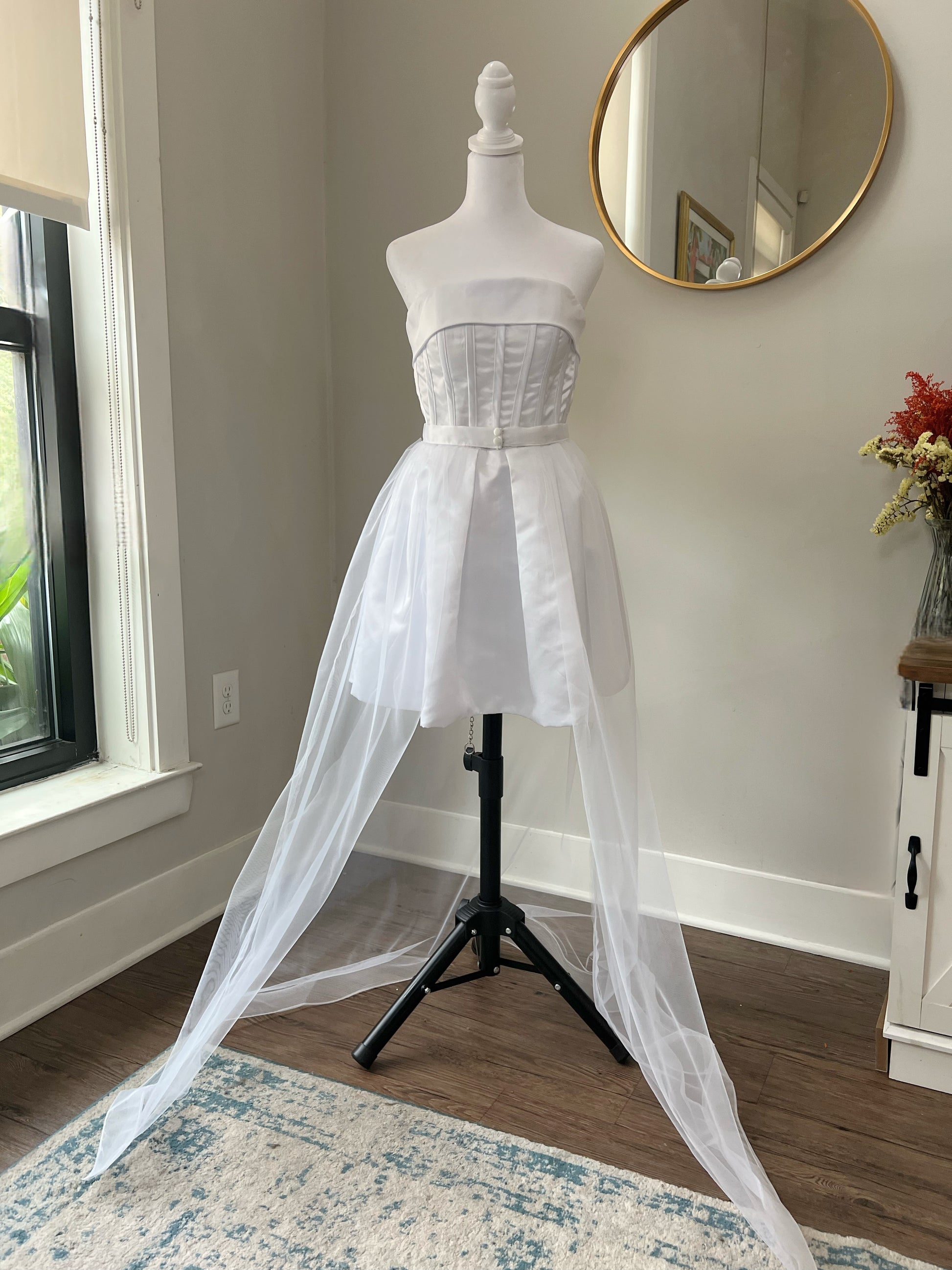 Open front bridal dress, wedding skirt open front, high low bridal Overskirt, one layer tulle wedding skirt, bridal belt and bridal buttons 