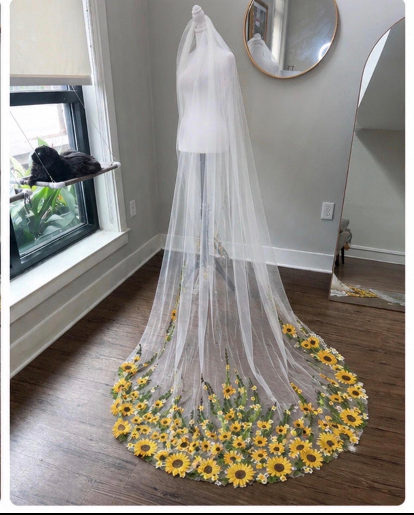 Sunflower Floral Trim Floor Length Wedding Veil