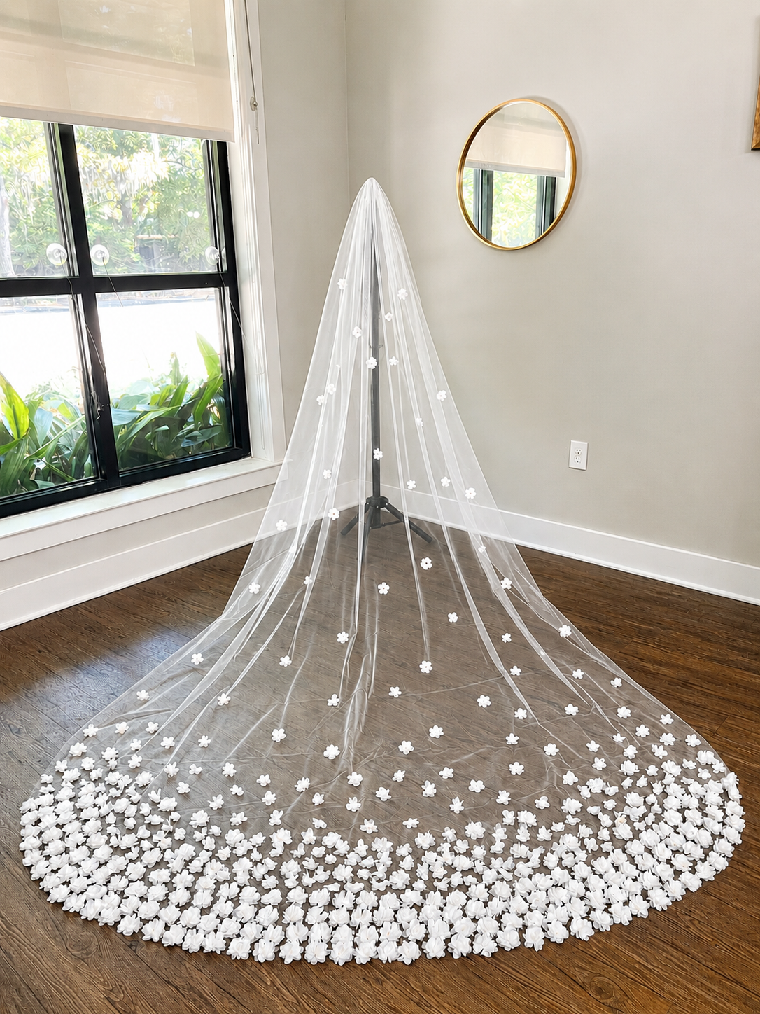 Long cathedral bridal veil with white 3D floral appliqués on soft illusion tulle featuring a romantic cascading floral train. Handmade white 3D floral cathedral wedding veil with soft tulle and cascading flower appliqués displayed on a bridal mannequin. white-3d-floral-cathedral-wedding-veil.jpg
single-layer-floral-bridal-veil.jpg
white-flower-cathedral-veil-detail.jpg
3d-flower-wedding-veil-closeup.jpg
romantic-floral-bridal-veil-train.jpg
soft-tulle-cathedral-veil.jpg