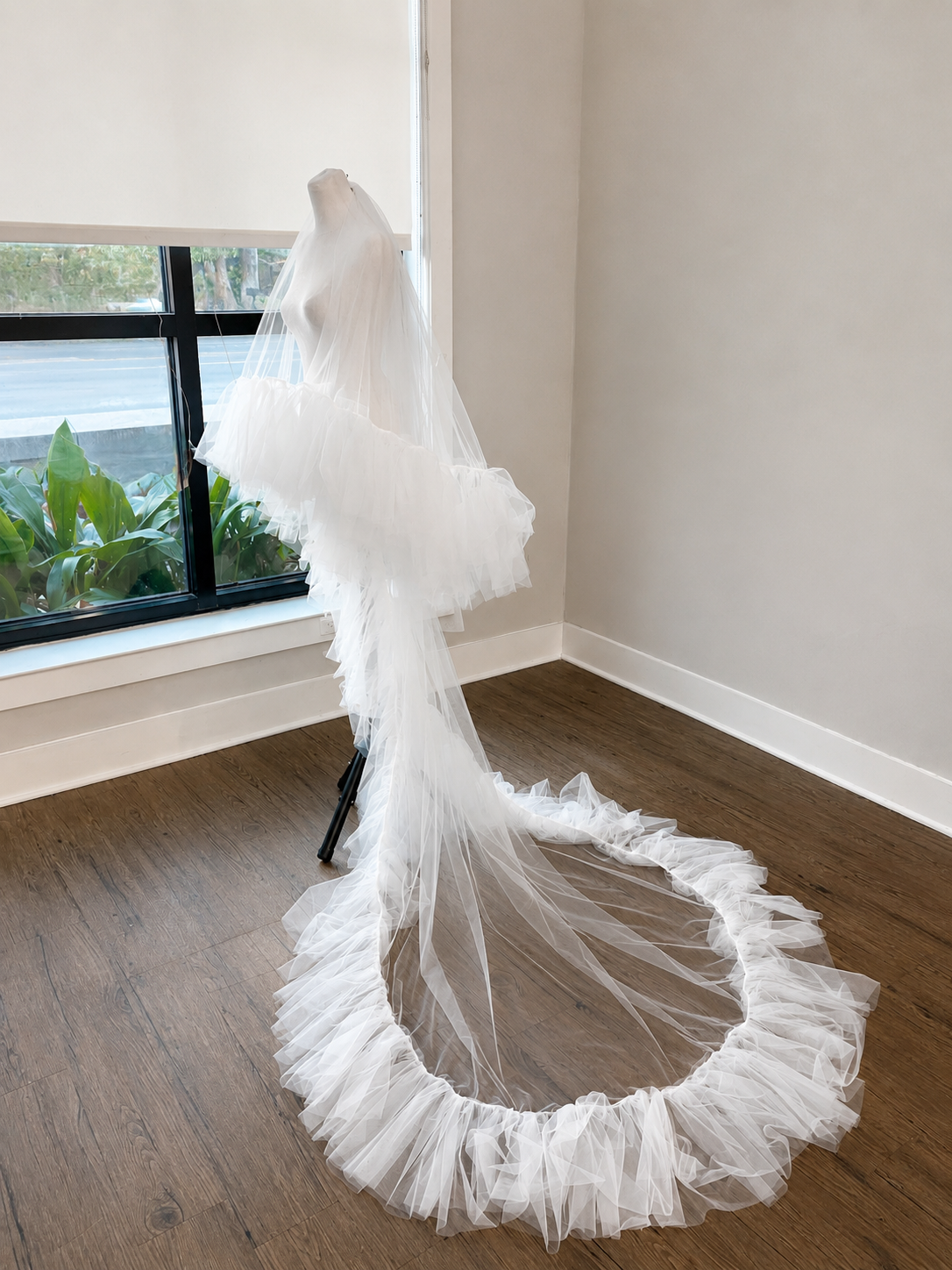 Dramatic Ruffled Layered Cathedral Length Wedding Veil