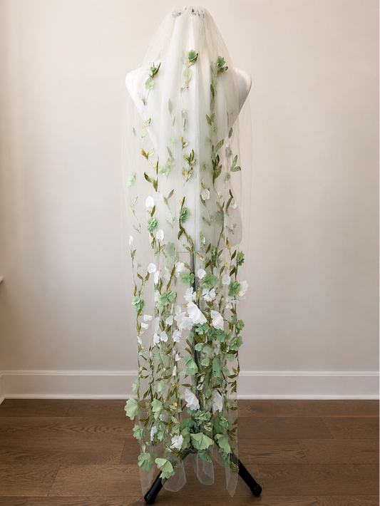 3D Green and White Floral Appliqués Garden Fairy Floor Length Wedding Veil