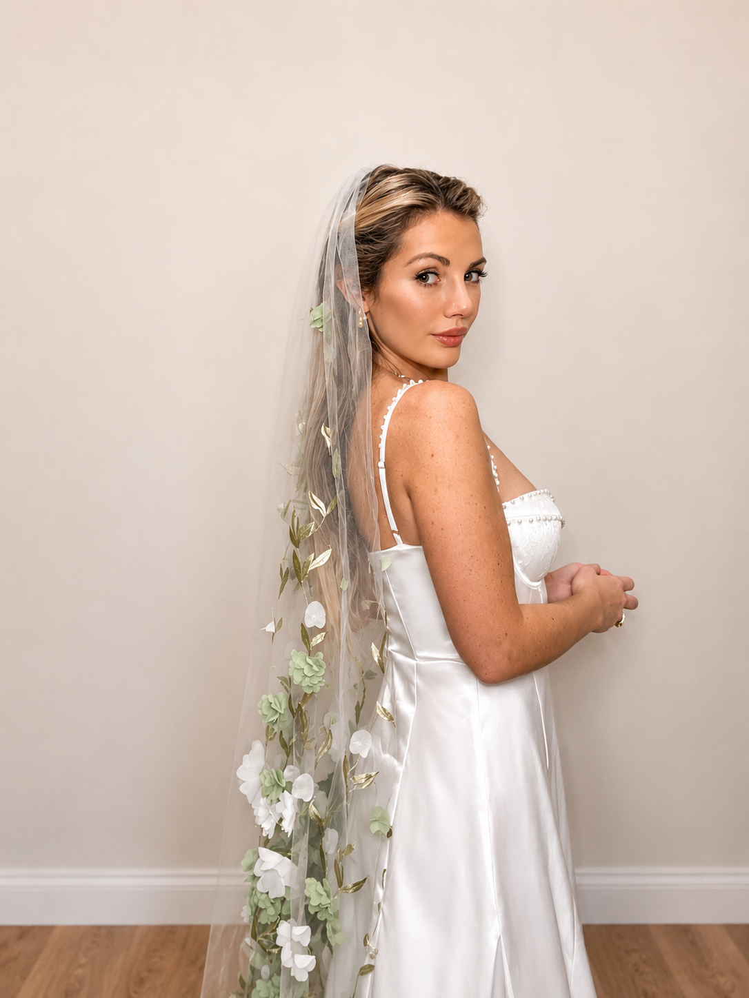 3D Green and White Floral Appliqués Garden Fairy Floor Length Wedding Veil