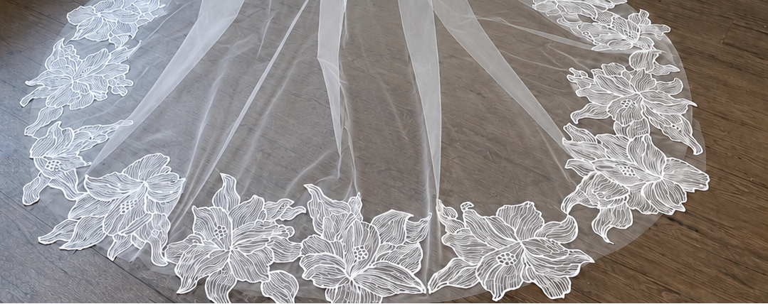 Cathedral Floral Lace Wedding Veil | Luxury Ivory Flower Embroidered Bridal Veil with Lace Trim