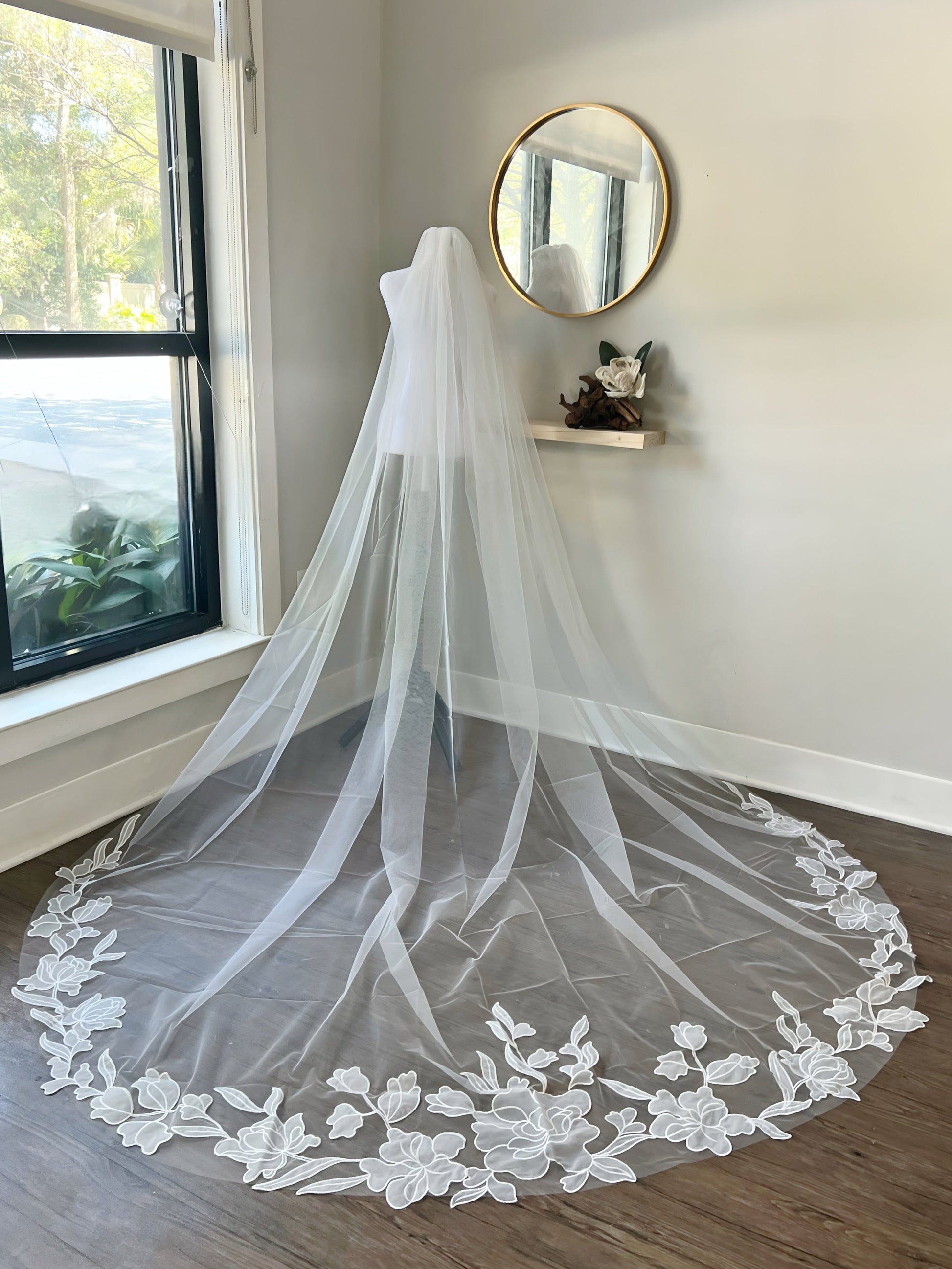 Floral embroidered trim, romantic floral wedding veil, romantic bridal veil, elegant bridal veil