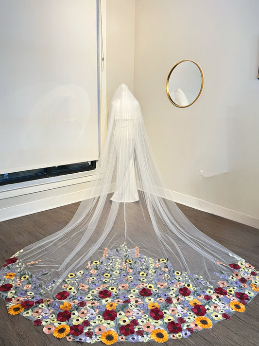 Long cathedral length wedding veil with flowers, long unique bridal veil, 3D floral wedding veil wedding accessories, colorful cheap wedding veil, outdoor wedding veil