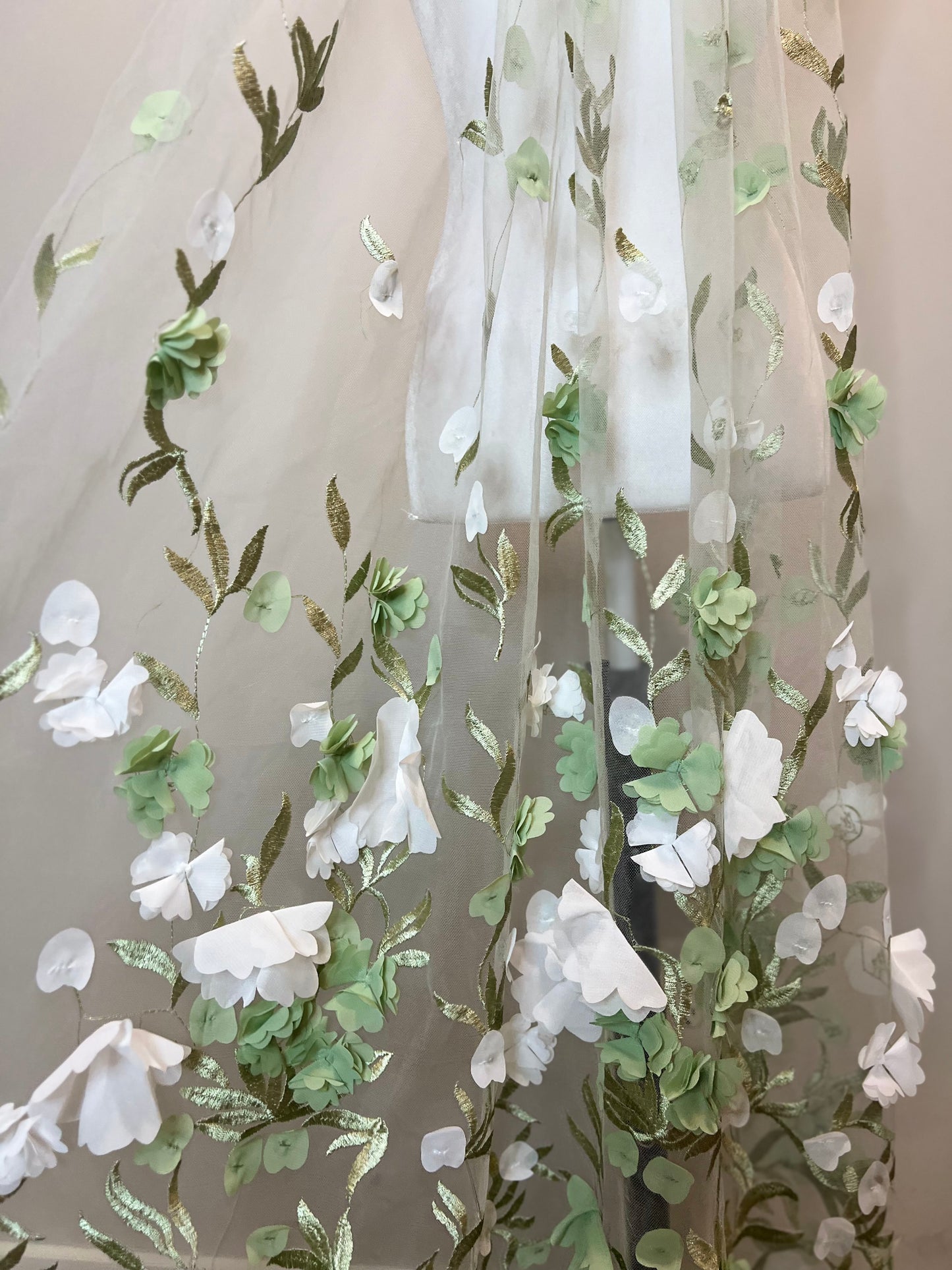 3D Green and White Floral Appliqués Garden Fairy Floor Length Wedding Veil