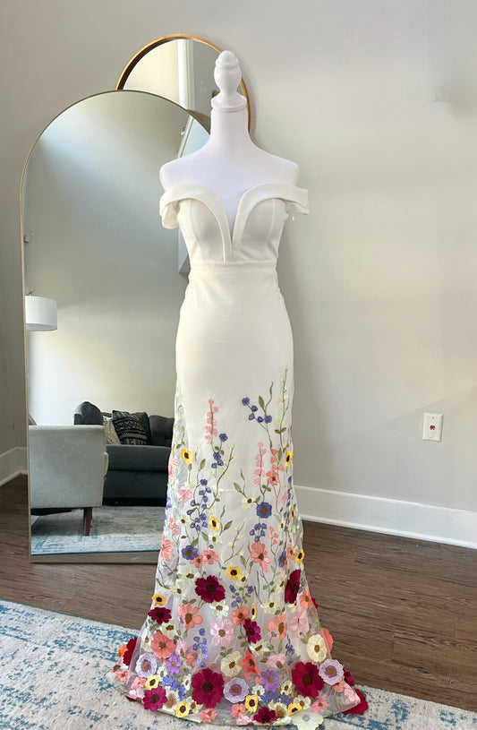 Deep V Off Shoulder Color 3D Colorful Daisies Flowers Mermaid Wedding Dress