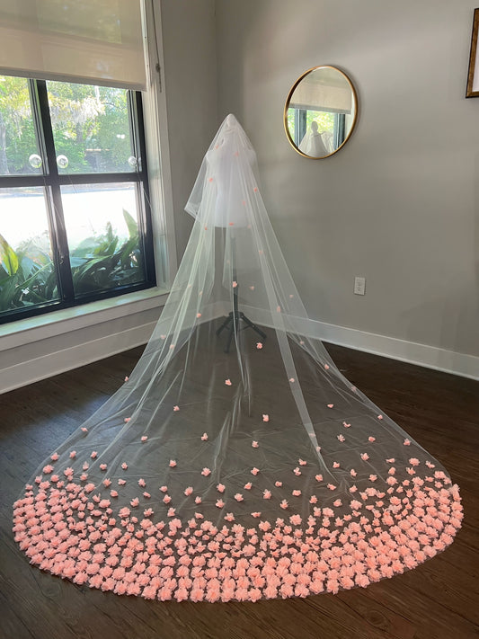 Beautiful bridal veil with 3d pink floral appliques, wedding veil tulle 3D pink flowers, cathedral length wedding veil affordable, outdoor bridal veils, unique bridal veils, summer wedding brides, bridal trends 2024