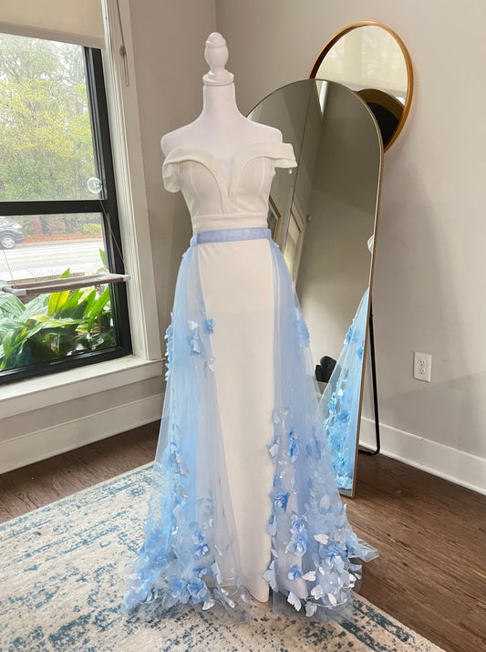 something blue wedding dress train, affordable wedding dresses, cheap wedding dresses, light blue bridal overskirt, baby blue detachable wedding train