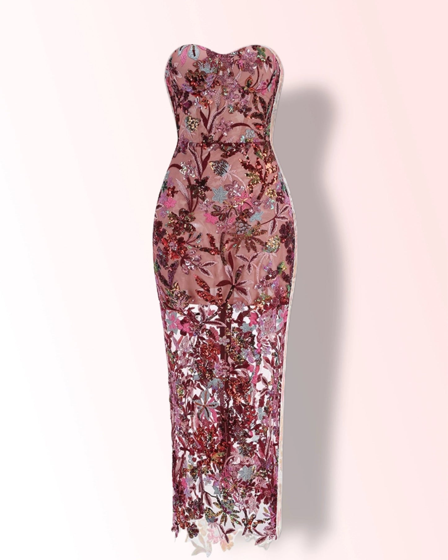 Dark Pink Sequin Embroidery Midi Cocktail Formal Dress