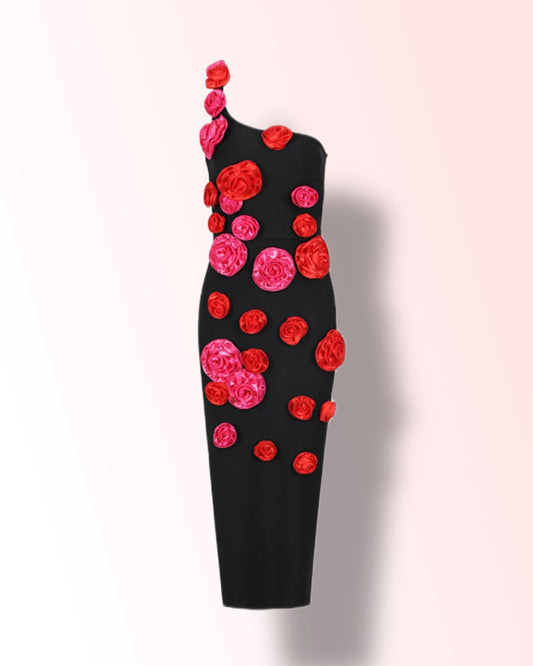 One Shoulder Black Midi Dress with Red Roses