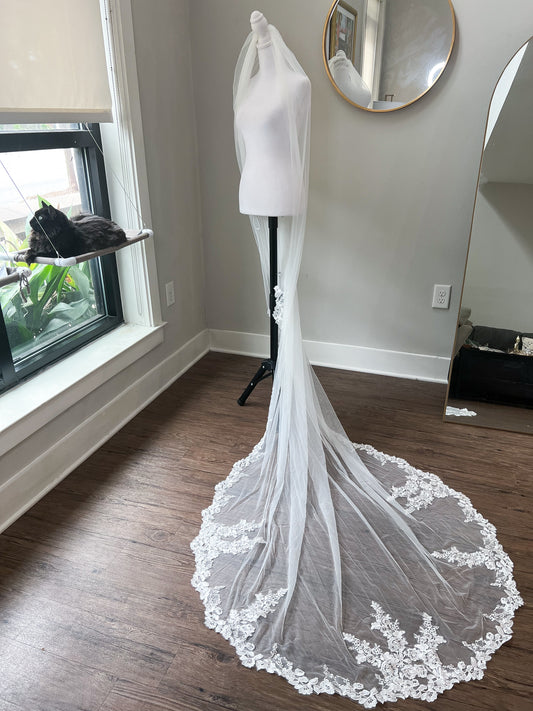 Luxurious delicate floral lace trim wedding veil, cathedral length tulle bridal veil, david's bridal wedding veil, grace loves lace cathedral length wedding veil, affordable bridal veil, cheap bridal veil