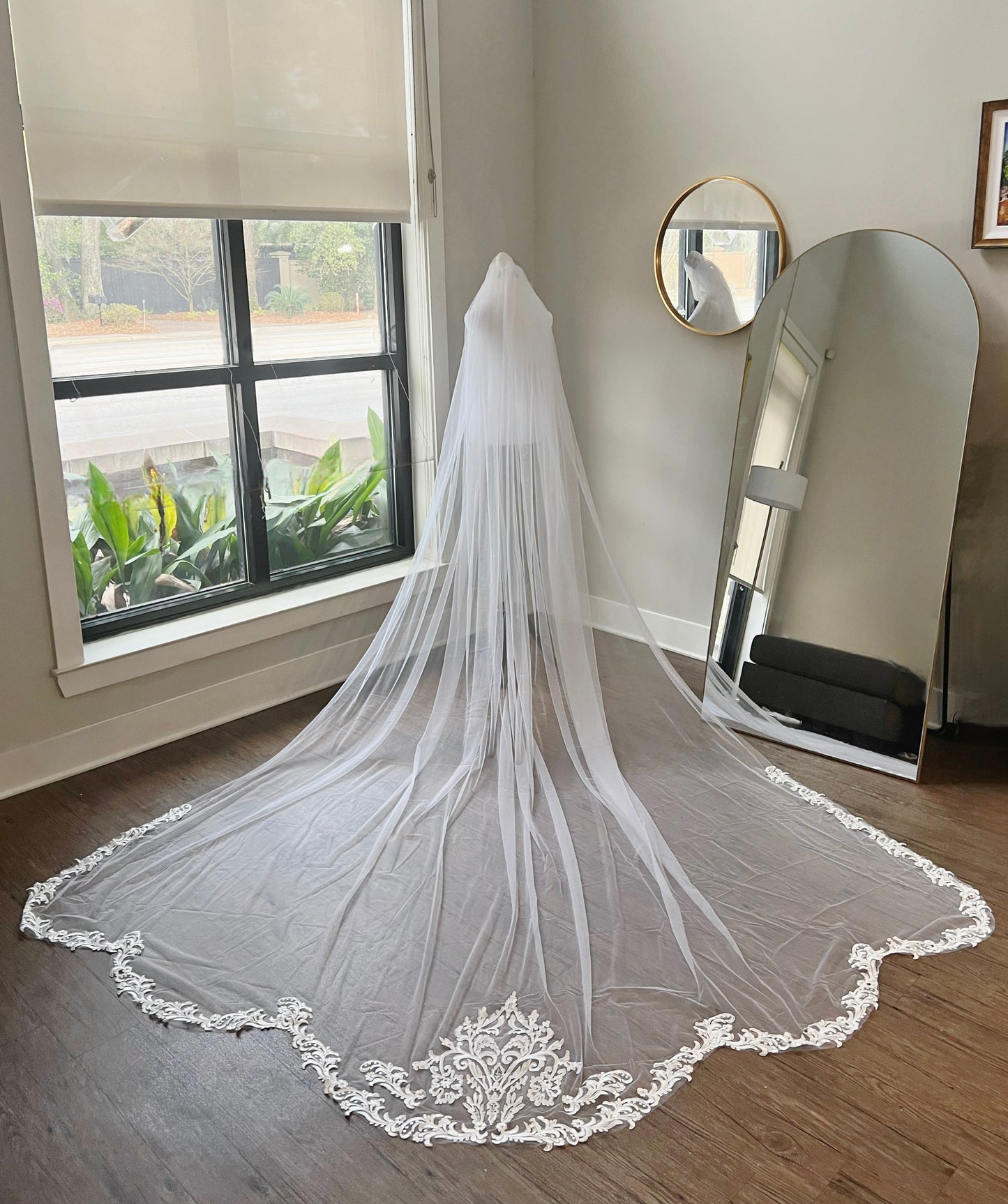 cheap wedding veil sheer tulle lace embroidered trim, affordable wedding veils, extra long floor length tulle wedding veil with comb, very long wedding veil with lace embroidery, grace loves lace wedding veil