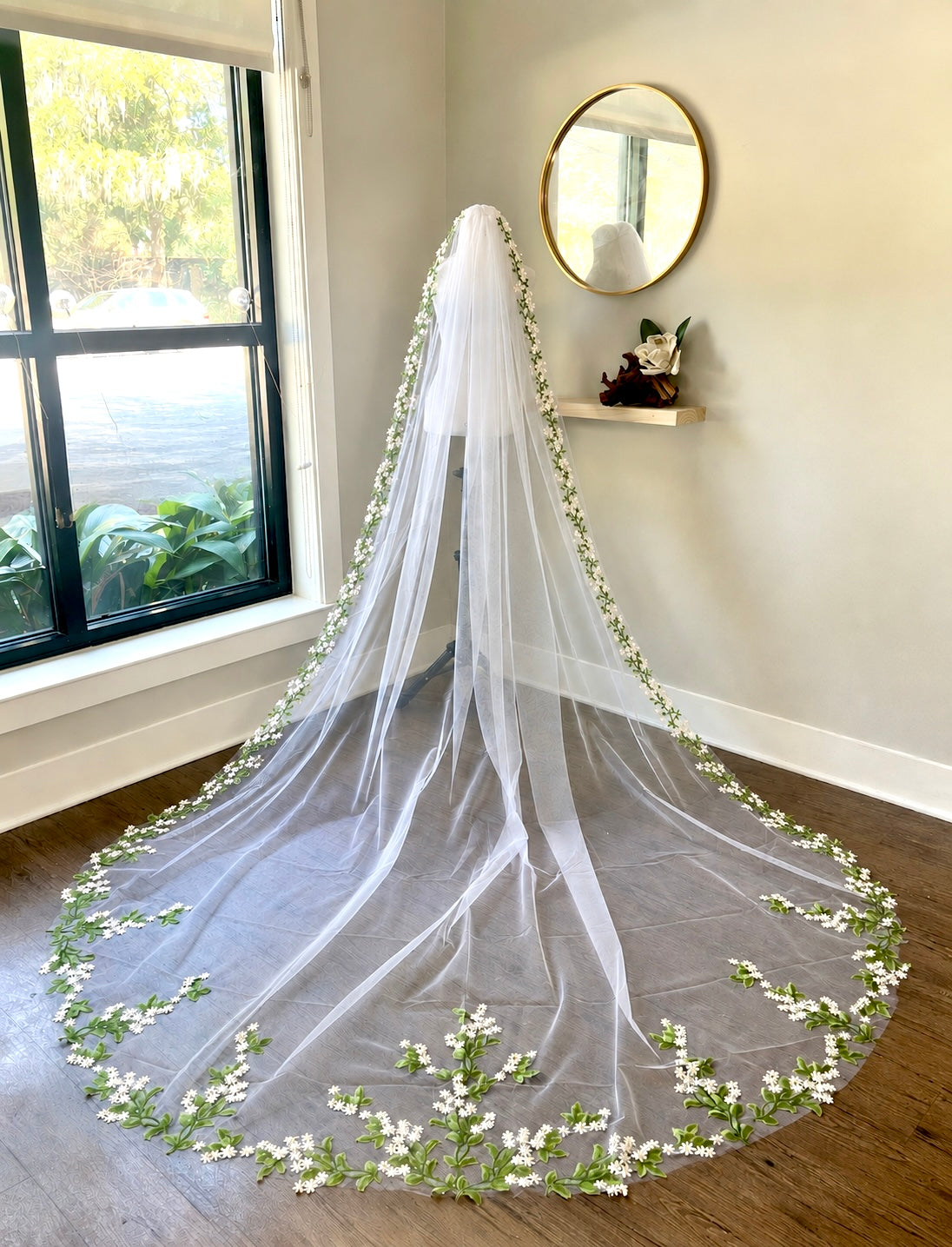 Green and white flower trim veil cathedral length