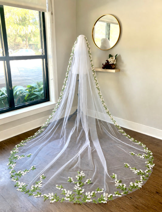 Green and white flower trim veil cathedral length