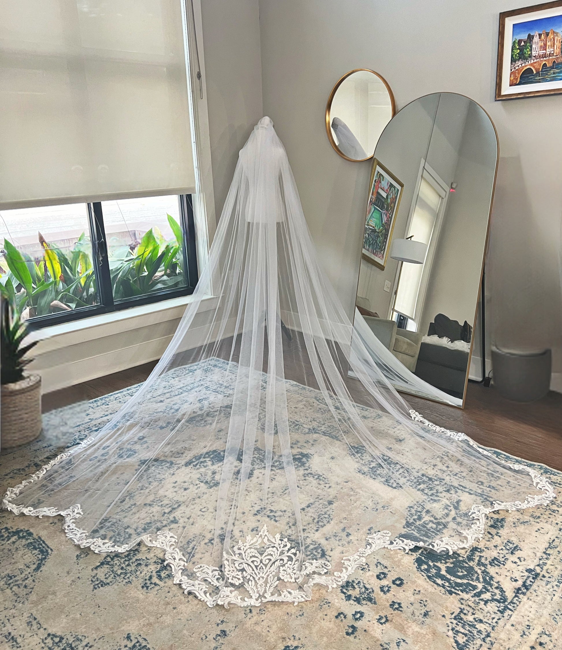 Scalloped long cathedral length wedding veil, lace trim embroidery wedding veil, extra long wedding veil with lace on the trim, grace loves lace wedding veil, beautiful affordable bridal veil