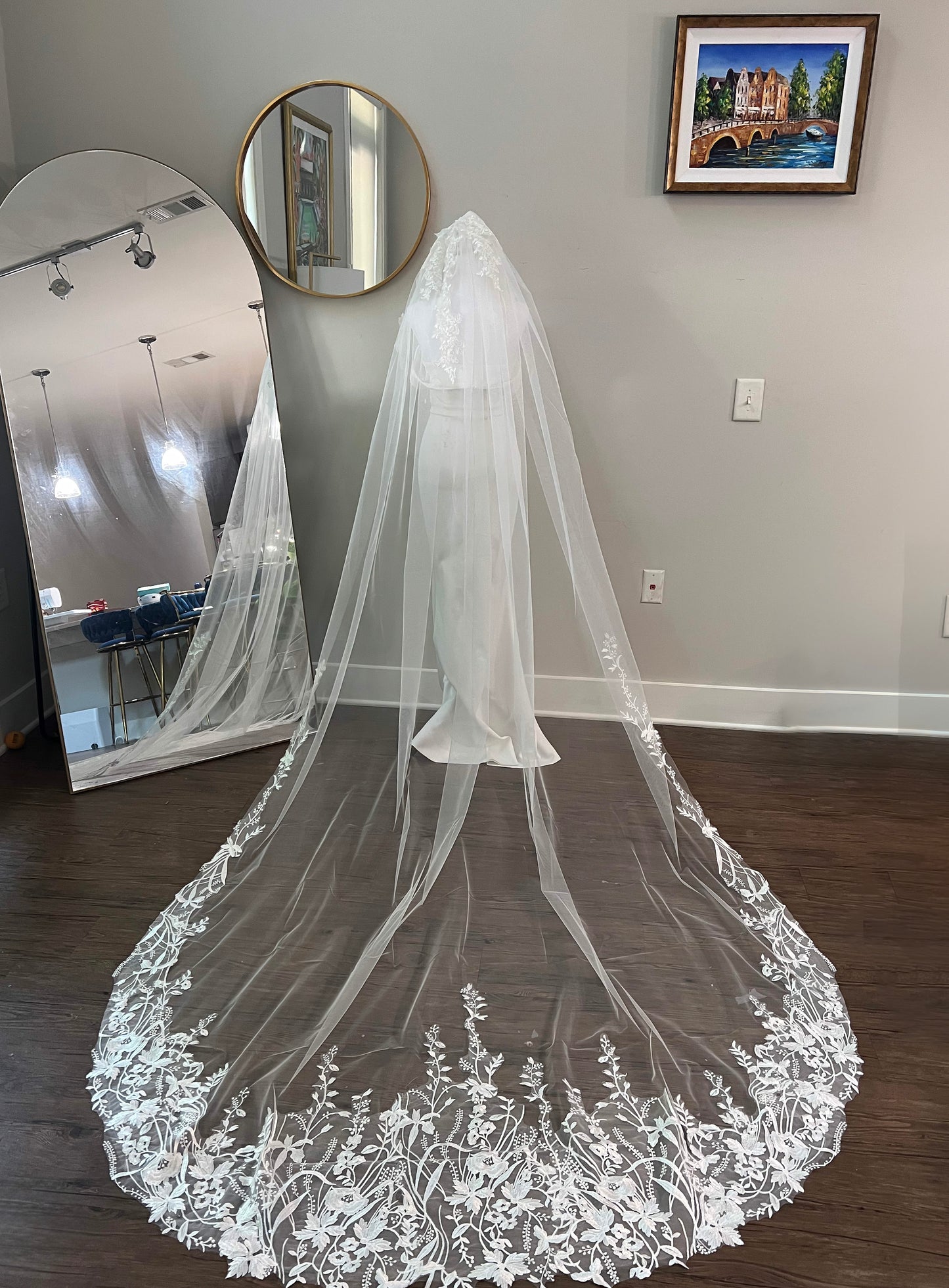 Cathedral Length Wedding Veil with Intricate Floral Lace Appliqué Trim - Elegant Bridal Veil