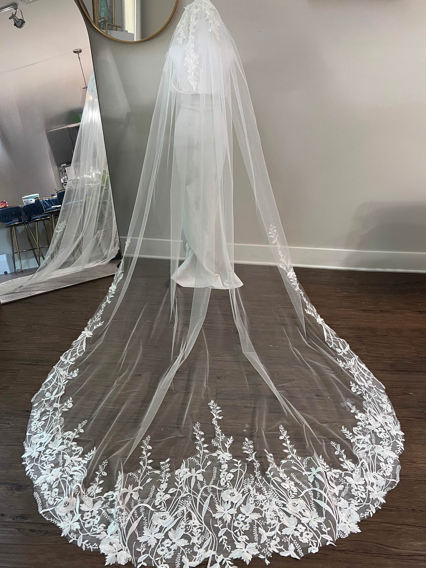 Cathedral Length Wedding Veil with Intricate Floral Lace Appliqué Trim - Elegant Bridal Veil